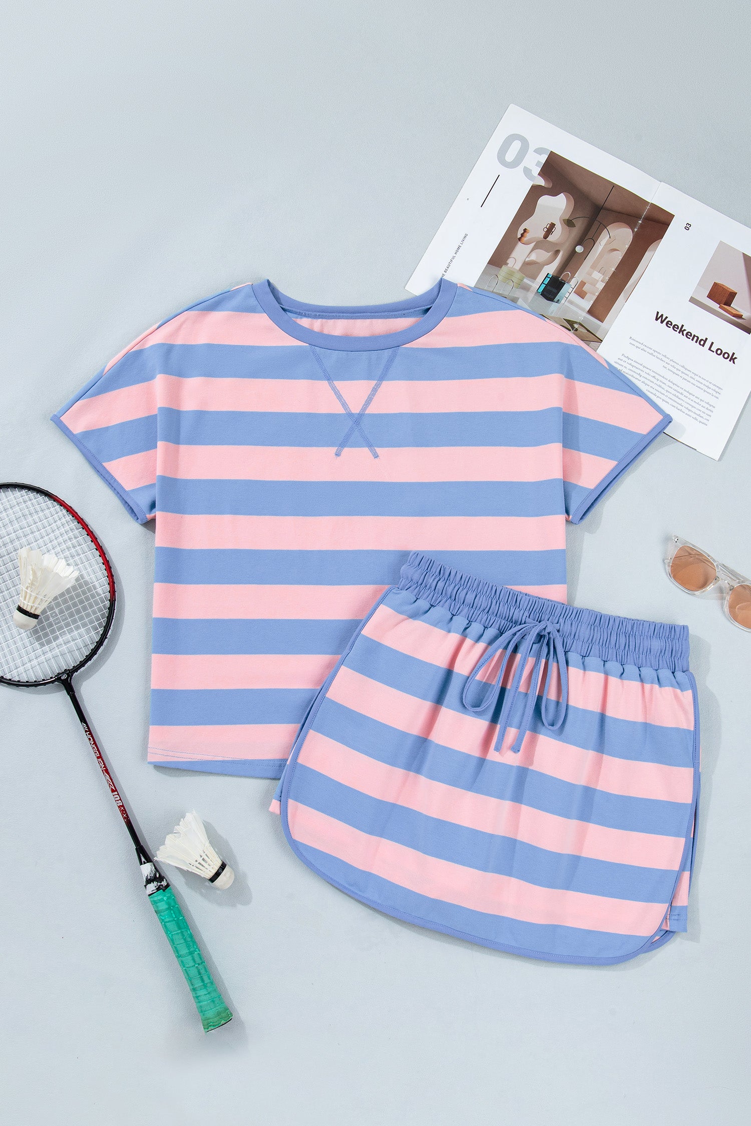 Striped Dolman Tee & Drawstring Skort Set – Pink, Rose & Yellow