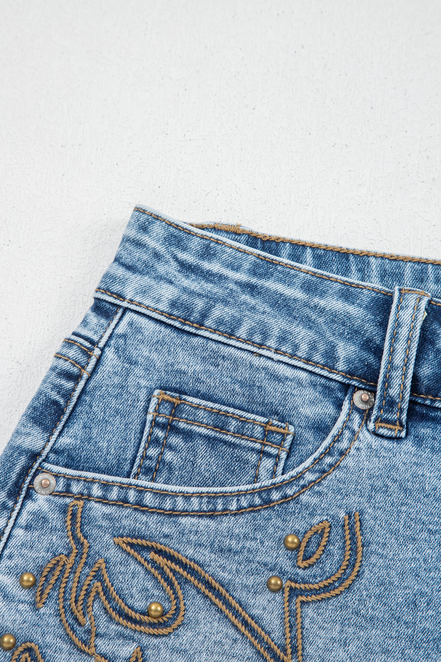 Dusk Blue Western Embroidery Denim Shorts Stud Detail Frayed Hem Women UK 4-16
