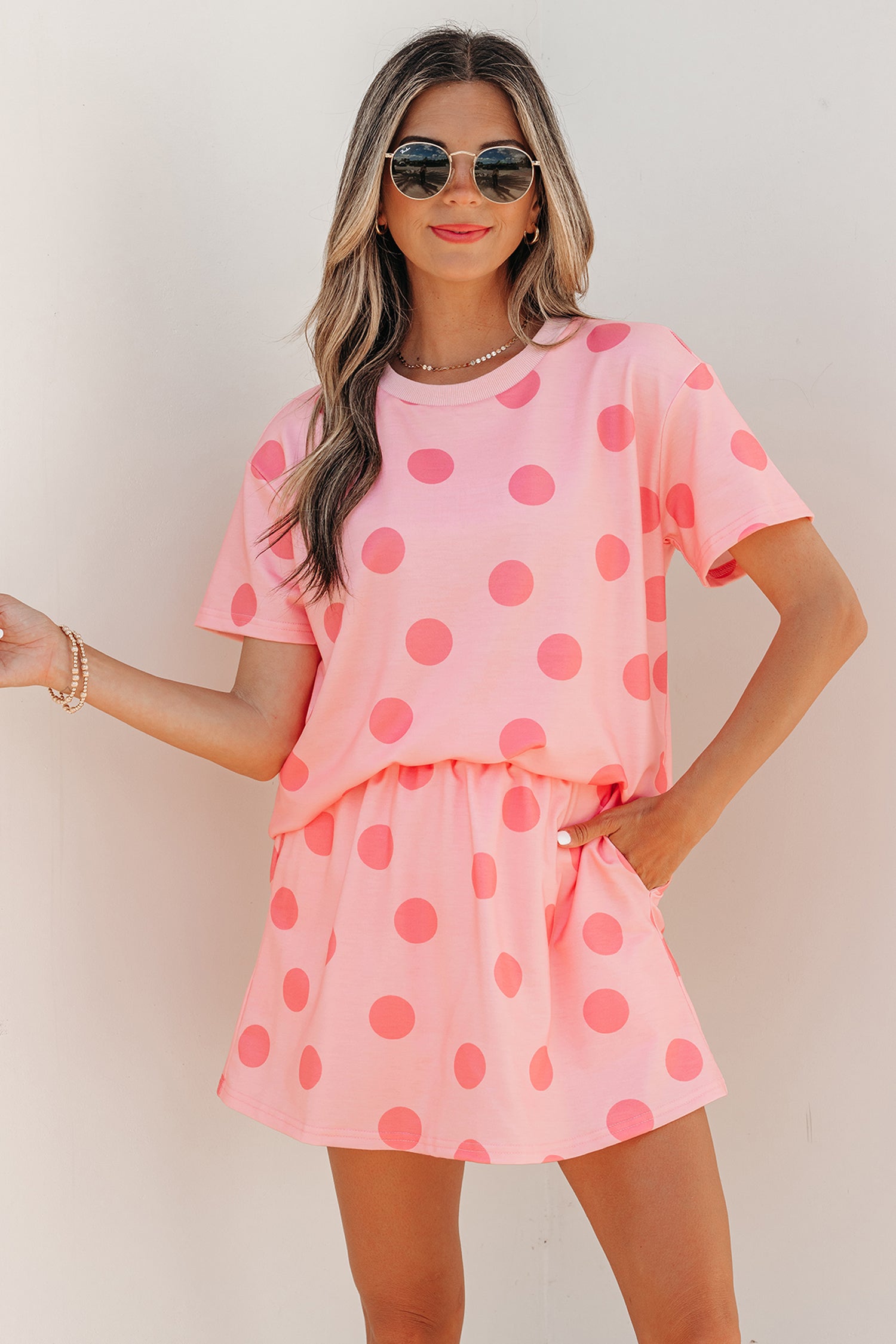 Polka Dot Short Sleeve Top & Casual Skort 2pcs Outfit | White, Pink & Sky Blue