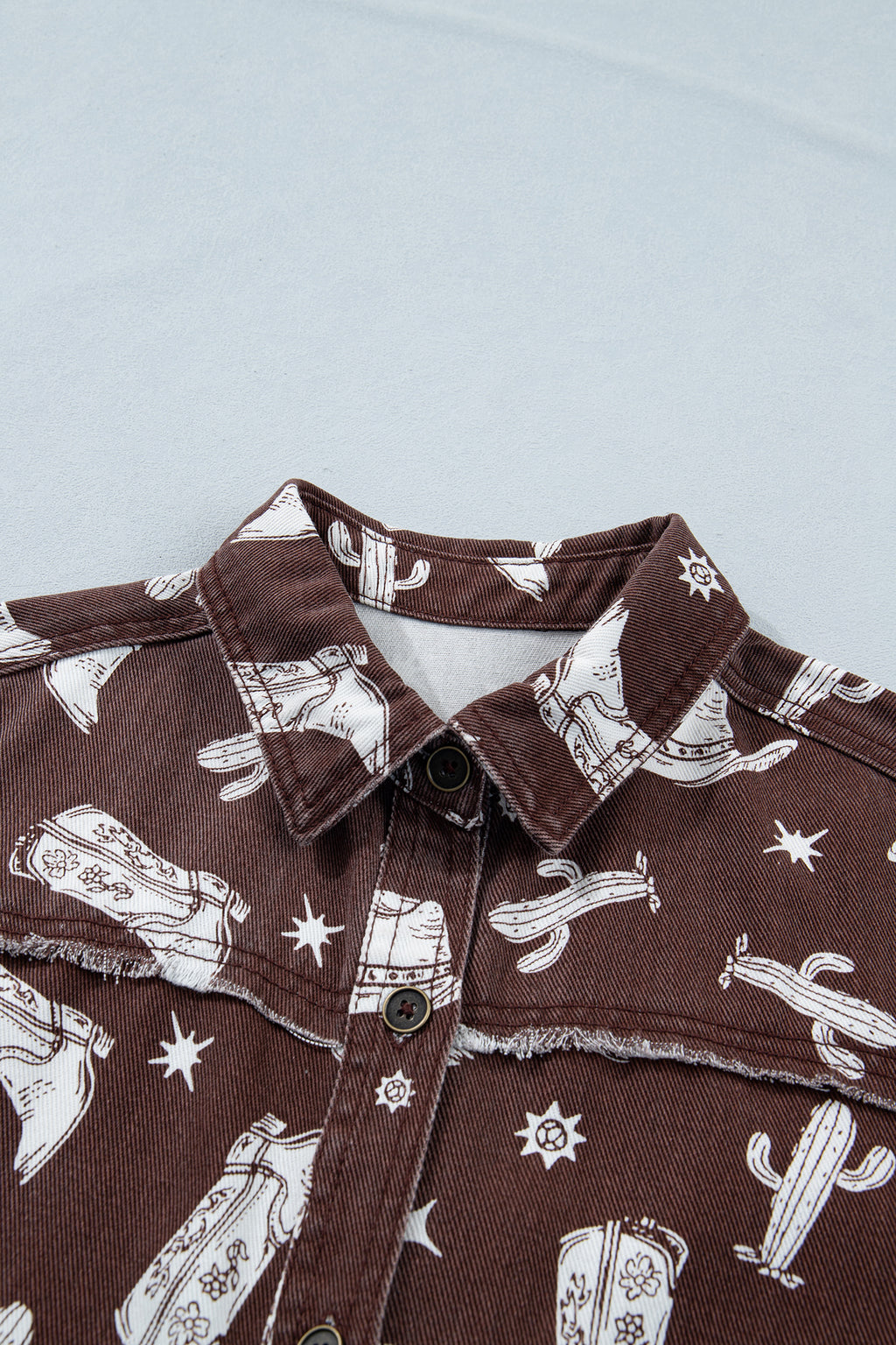 Brown Western Cowgirl Print Raw Edge Button-Down Denim Mini Dress