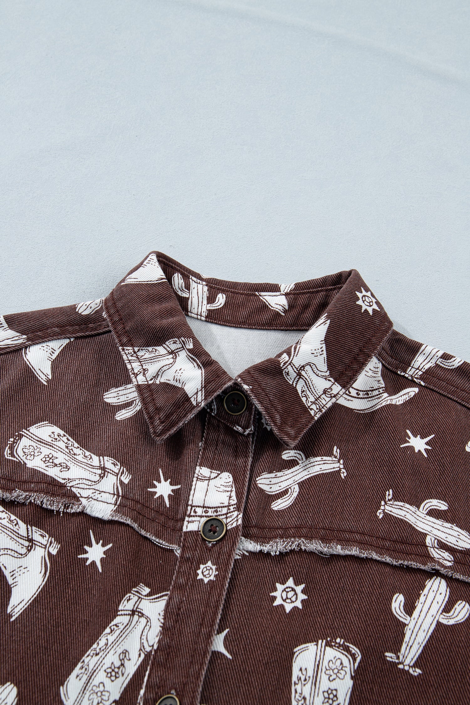Brown Western Cowgirl Print Raw Edge Button-Down Denim Mini Dress