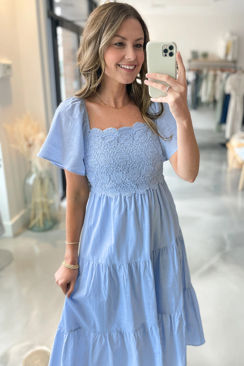 Women's Blue Flowy Short Sleeve Lace Detail Square Neck Tiered Midi Dress S-XL at LivelyLooks