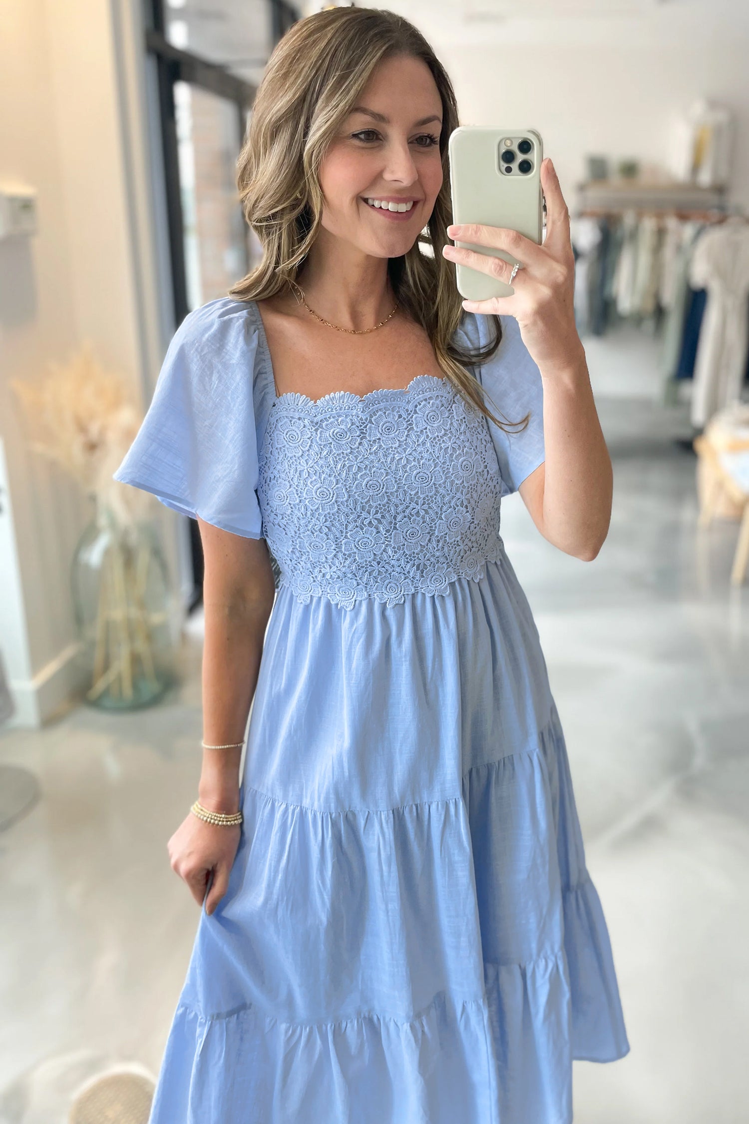 Women's Blue Flowy Short Sleeve Lace Detail Square Neck Tiered Midi Dress S-XL at LivelyLooks