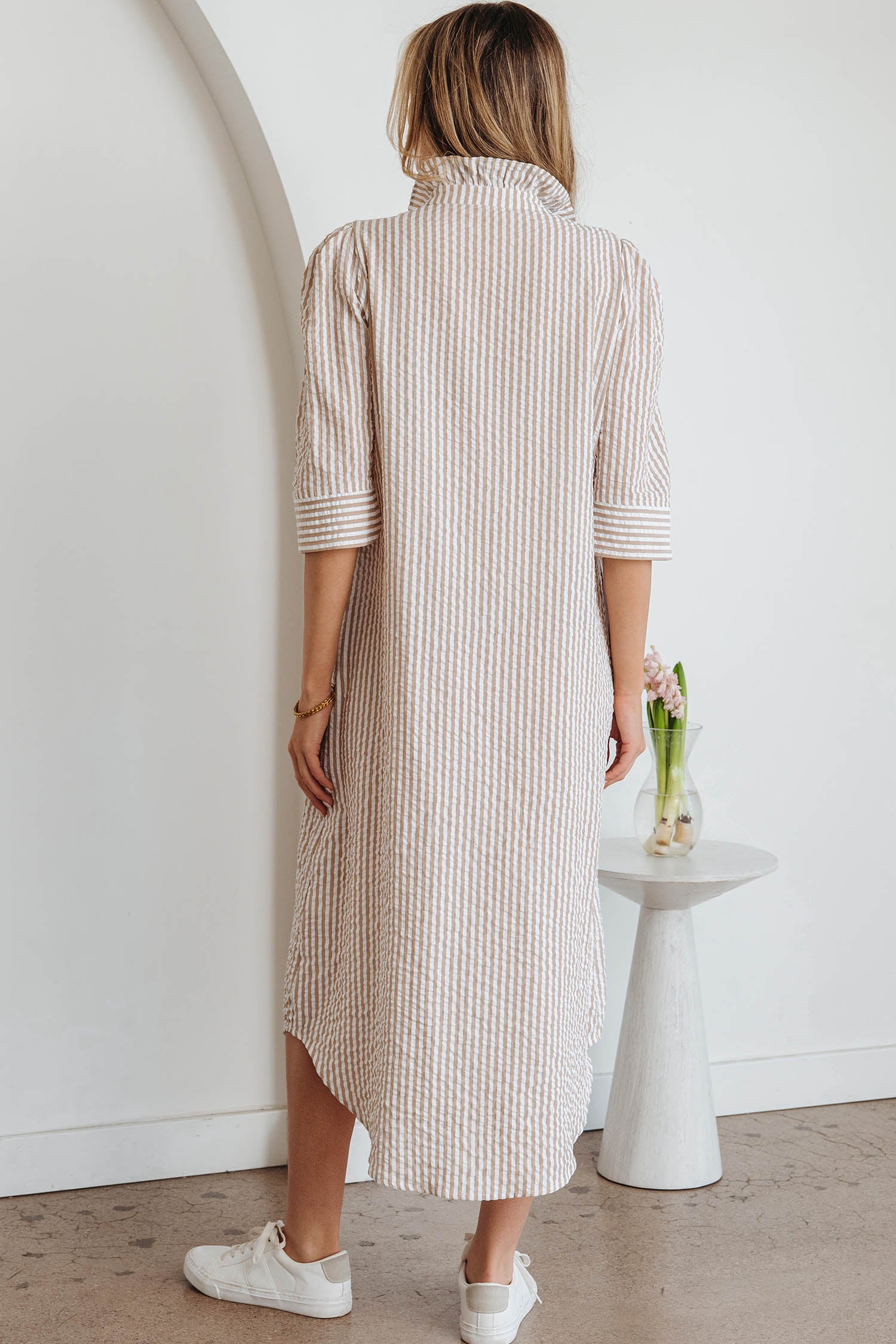 Khaki Stripe Frilled Collar Shirt Maxi Dress | Half Sleeve
