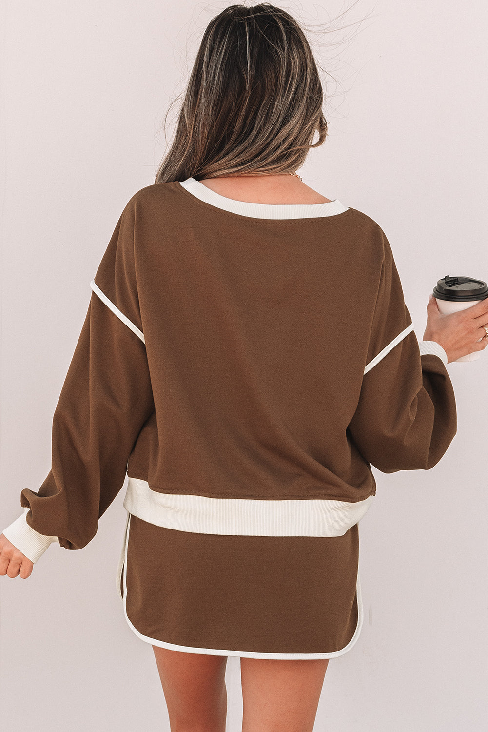 Shop Colour Contrast Loose Pullover & Lace-Up Waist Skort Set S-XL at LivelyLooks