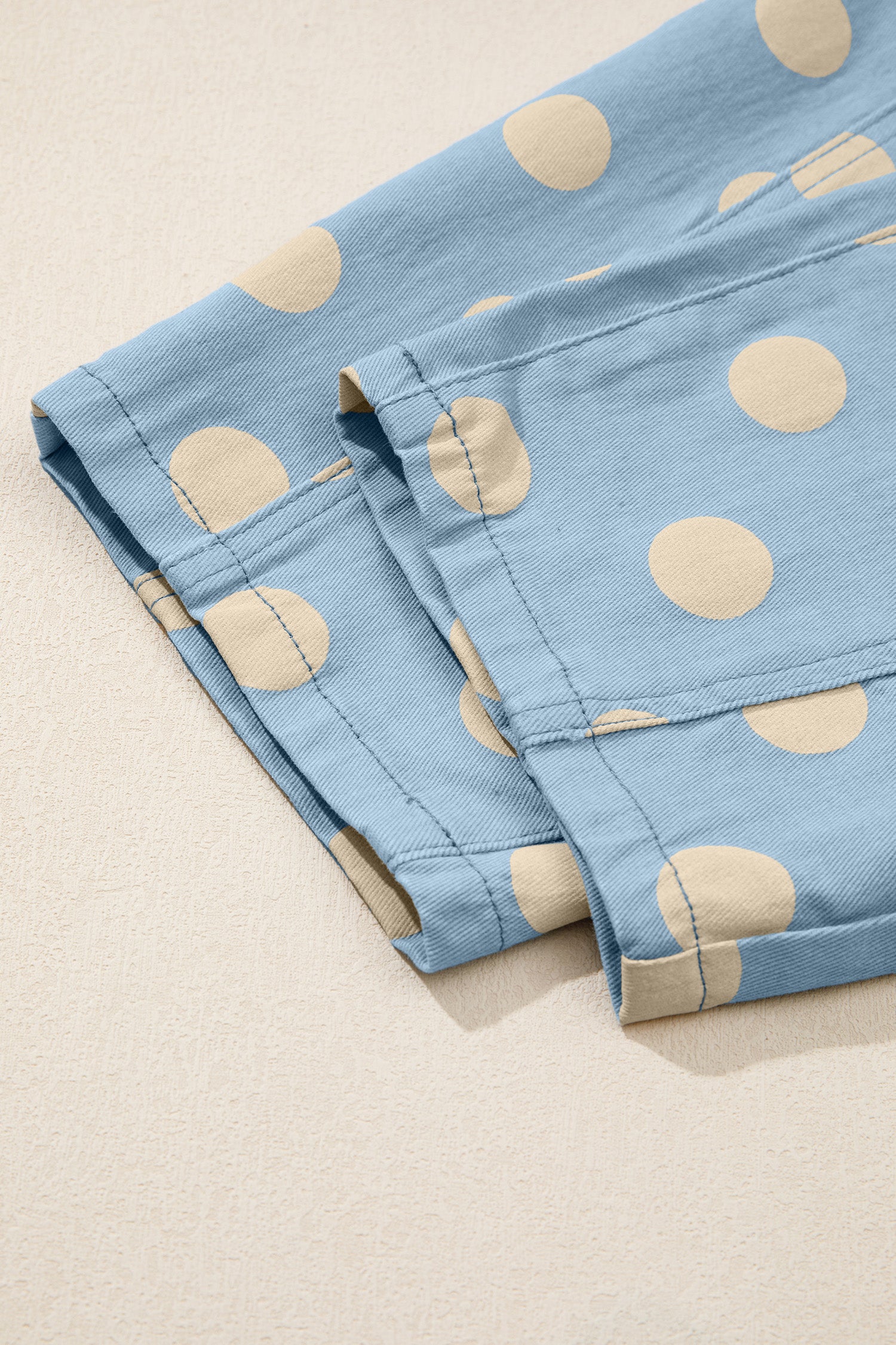 Polka Dot Print Bow Detail Pocketed Loose Jeans | White & Sky Blue