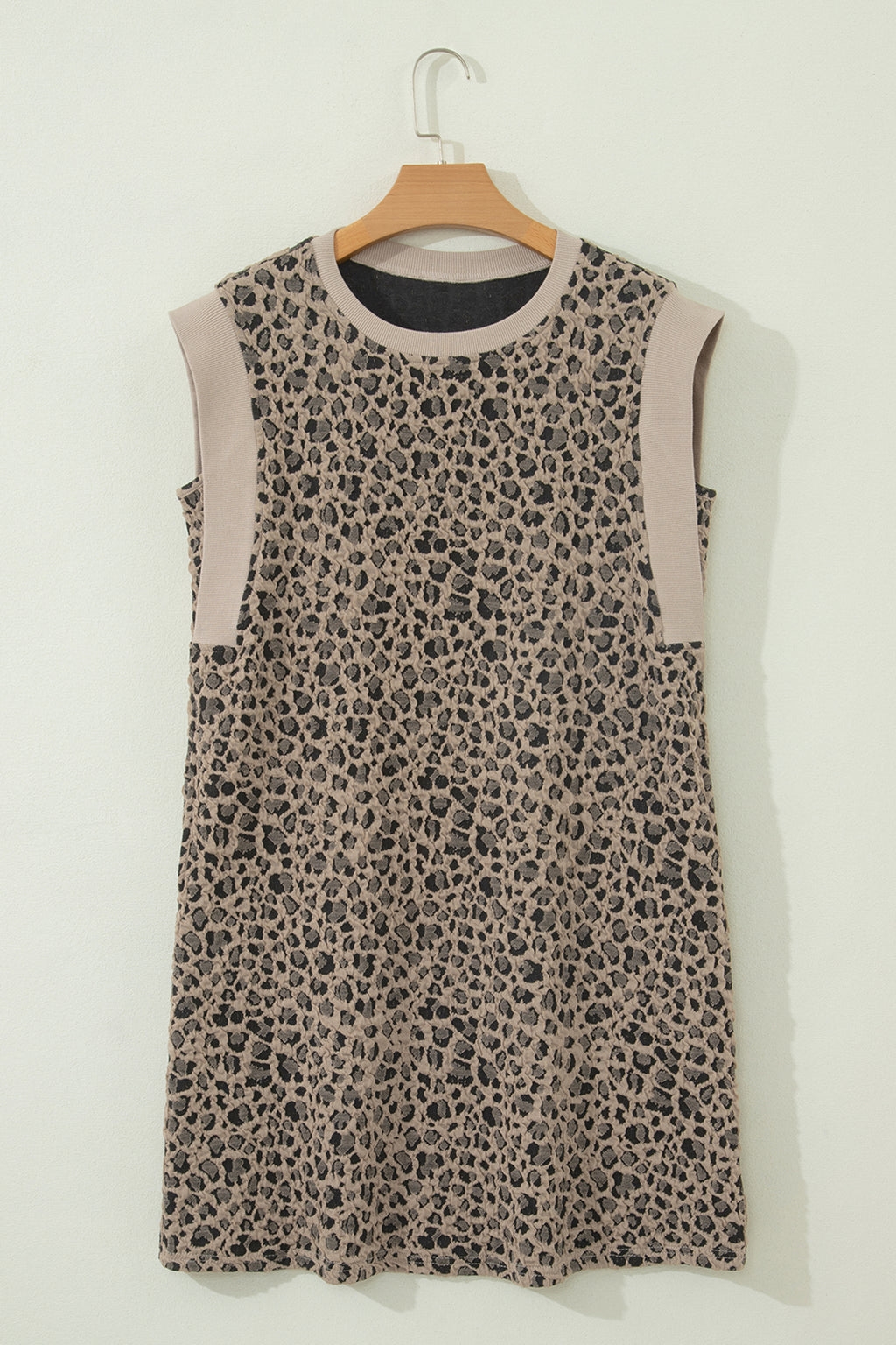 Women's Khaki Leopard Textured Sleeveless Mini Dress with Pockets at LivelyLooks