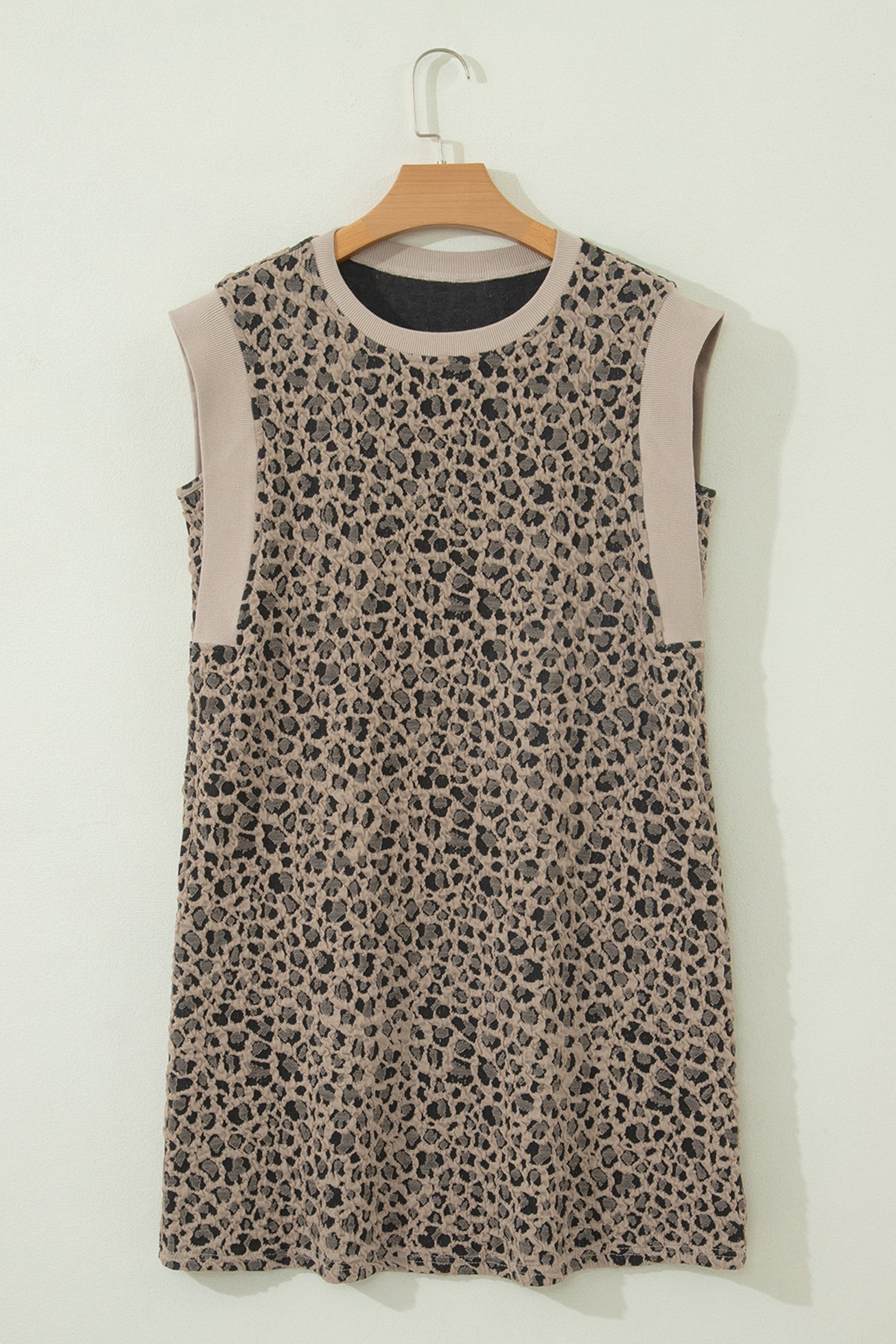 Women's Khaki Leopard Textured Sleeveless Mini Dress with Pockets at LivelyLooks