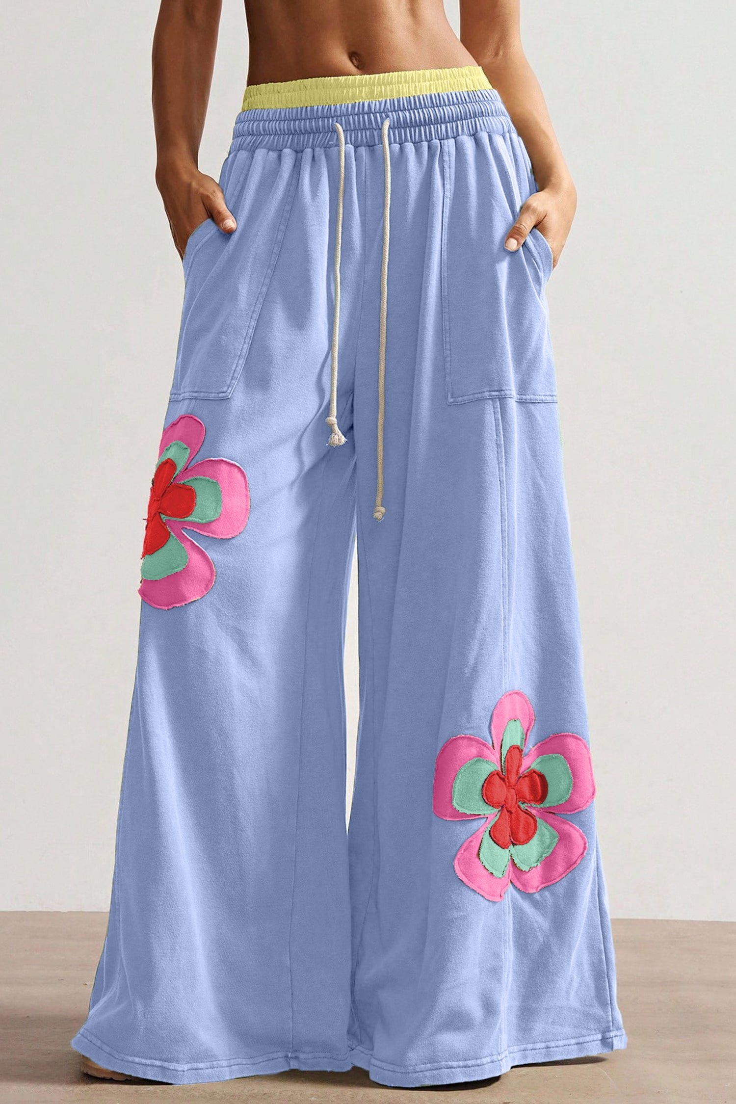 Floral Patchwork Drawstring Wide Leg Trousers – Sky Blue