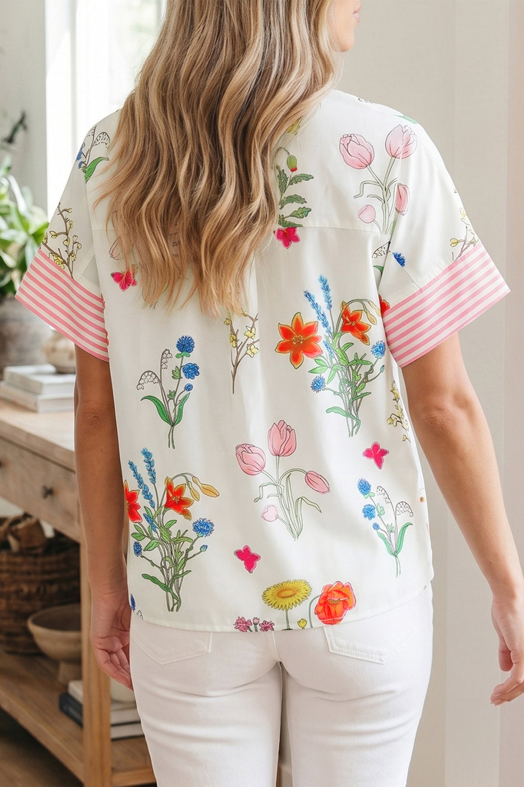 Floral Striped Ruffled Collar Shirt Short Sleeve Beige Sky Blue UK 8-22