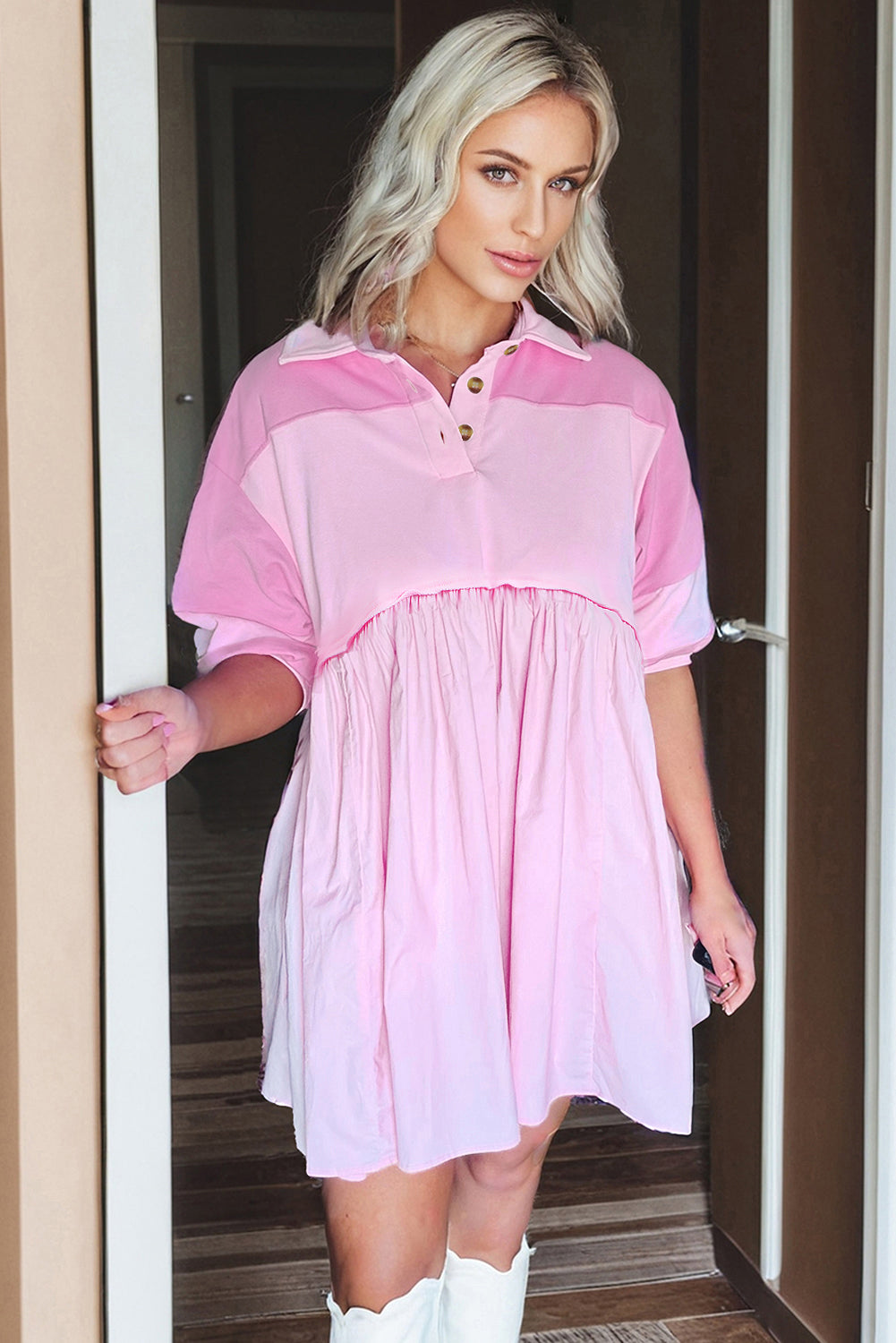 Pink Raw Seam Colour Block Polo Collar Mini Dress S-XL