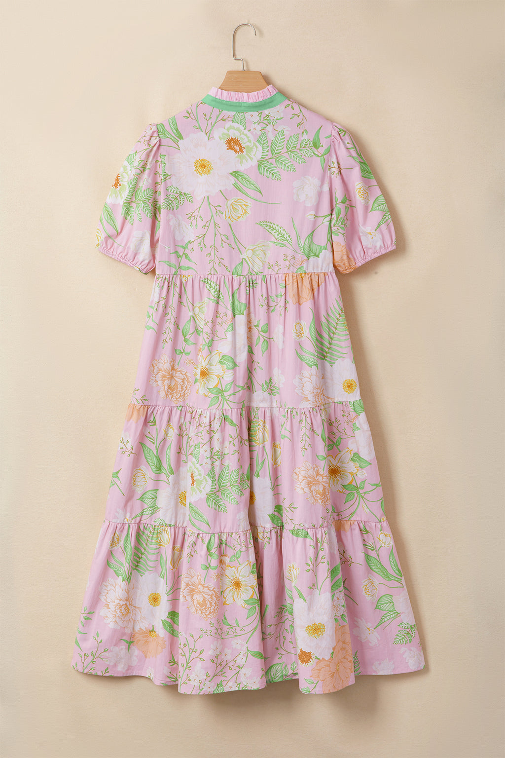 Pink Floral Tiered Maxi Dress High Waist Puff Sleeve Pockets Women S-XL