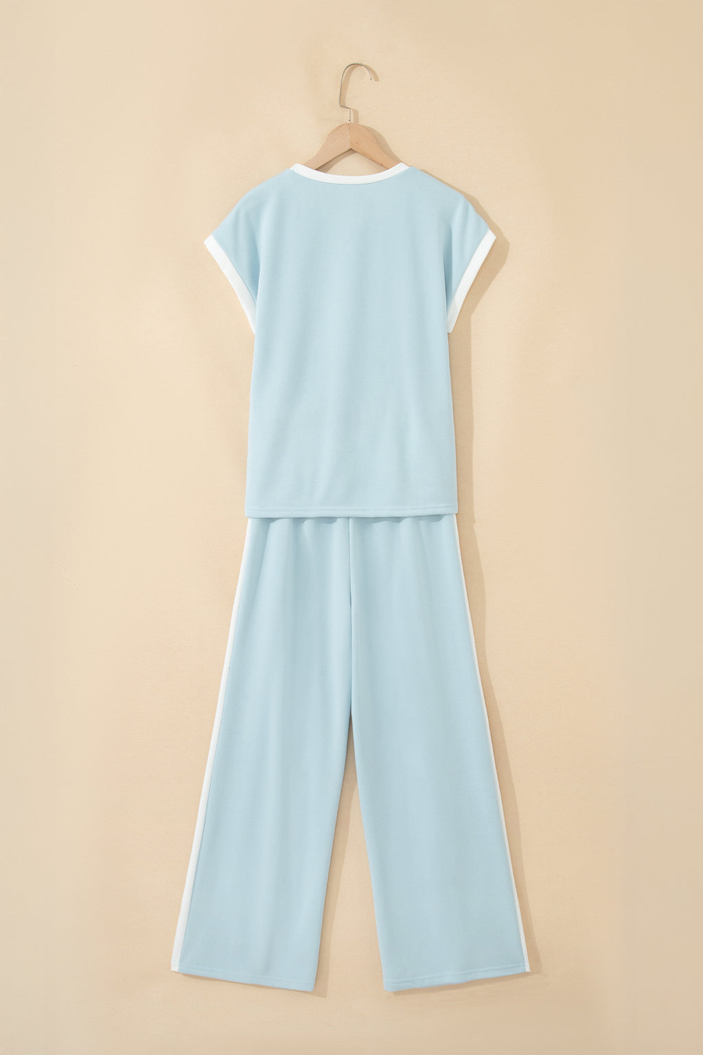 Mist Blue Contrast Trim Pocketed Boxy Tank Top & Wide Leg Pant Set | UK 8–22