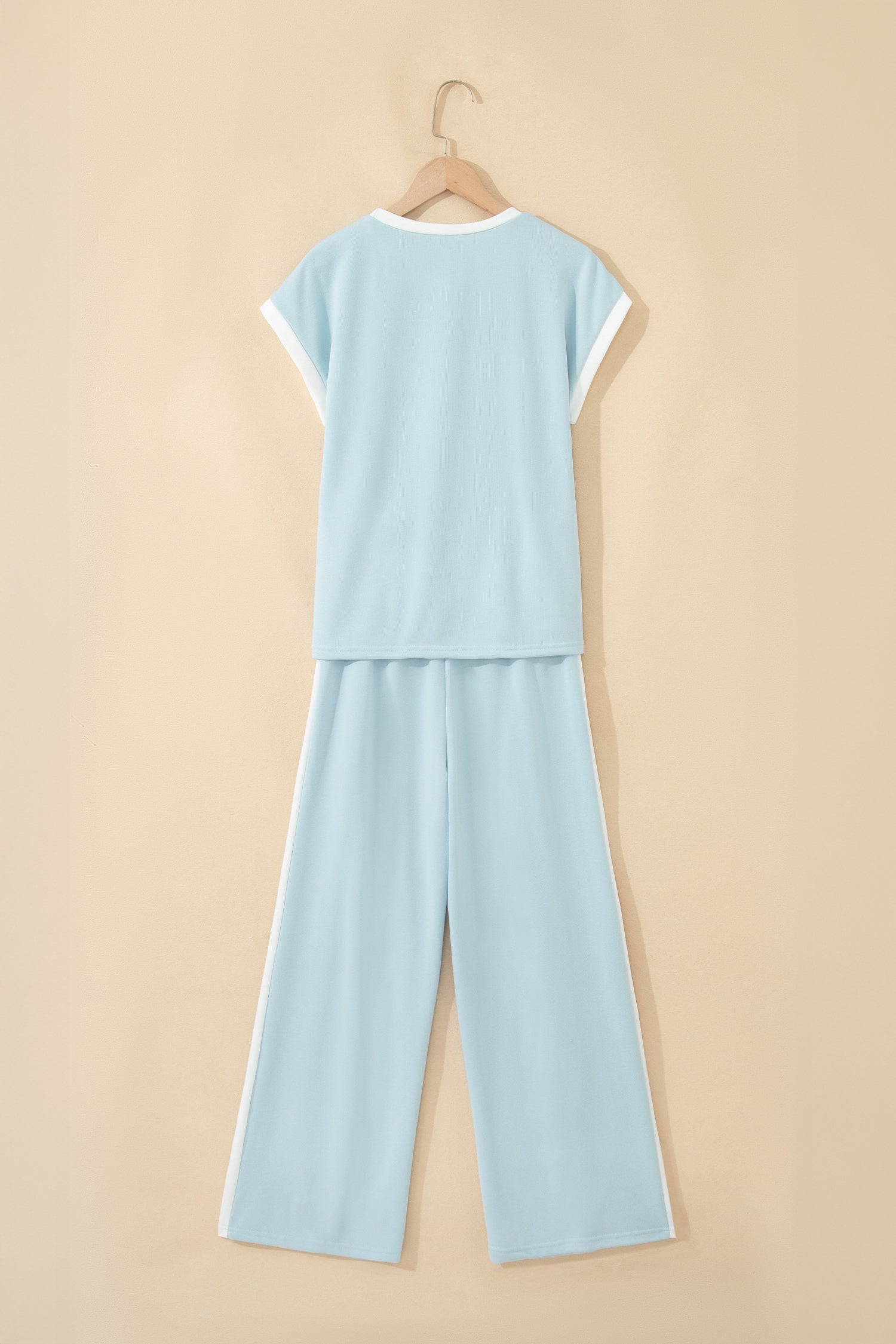 Mist Blue Contrast Trim Pocketed Boxy Tank Top & Wide Leg Pant Set | UK 8–22