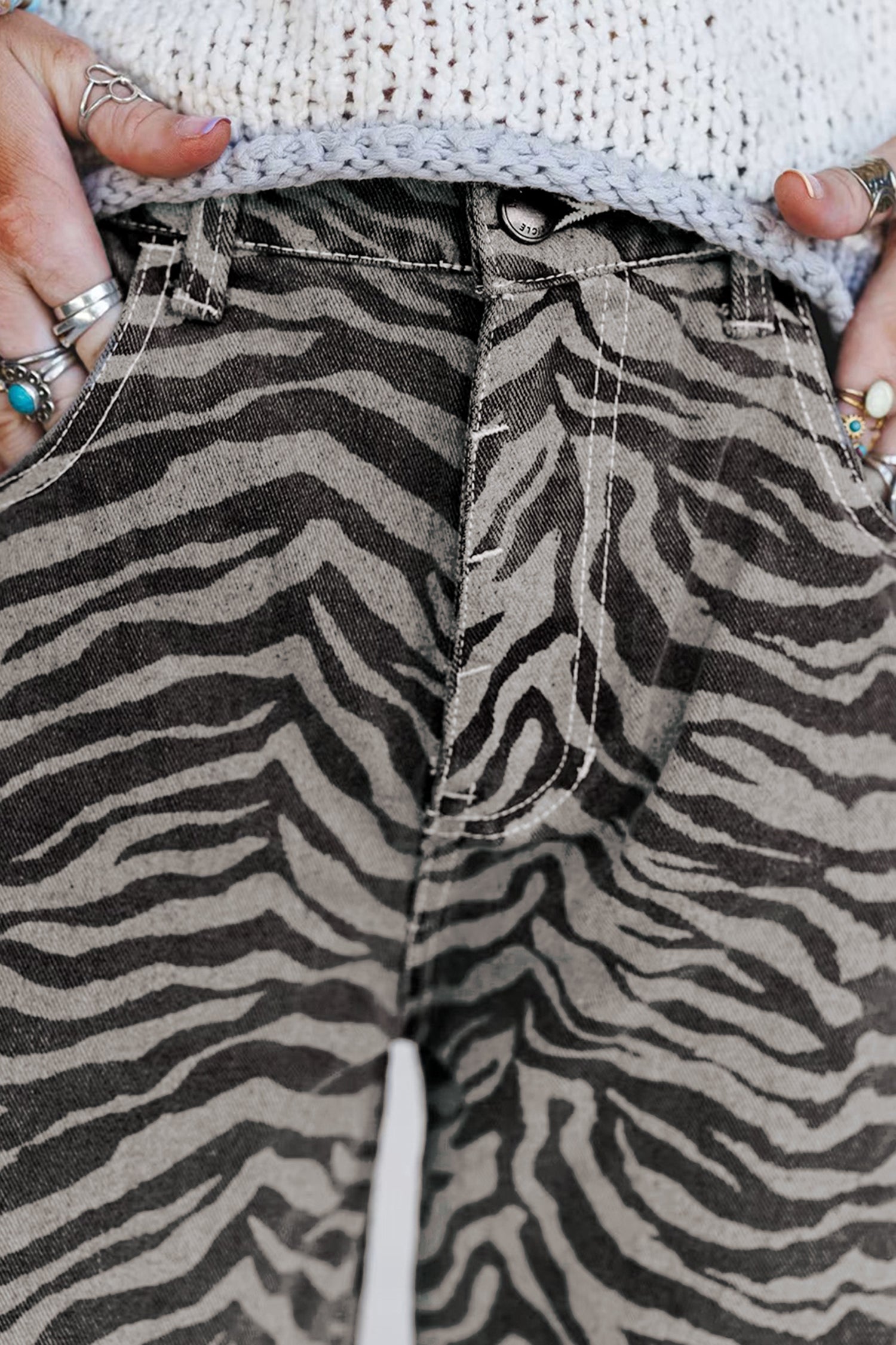 Women's Grey Zebra Print Barrel Leg Jeans Mid-Rise Wide Leg UK 4-16 at LivelyLooks