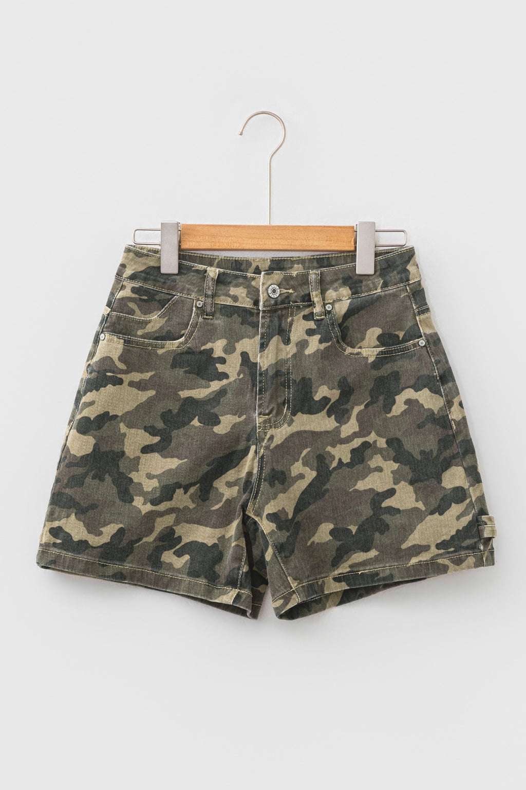Green Camouflage High Rise Denim Shorts | UK Sizes 4-16