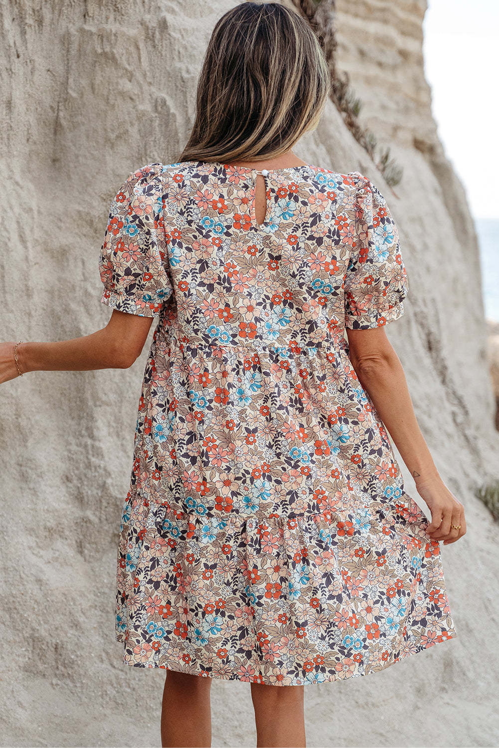 LivelyLooks Beige Boho Floral Puff Sleeve Crew Neck Mini Dress women's fashion