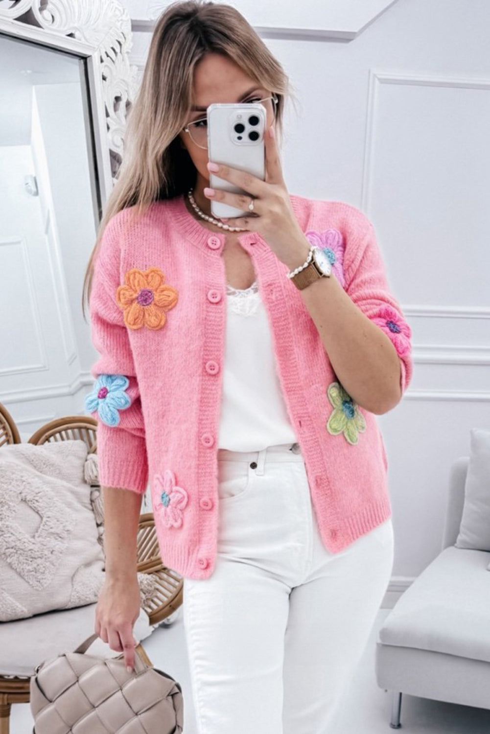 Women's Pink Floral Knit Button-Up Cardigan Cosy & Cute at LivelyLooks