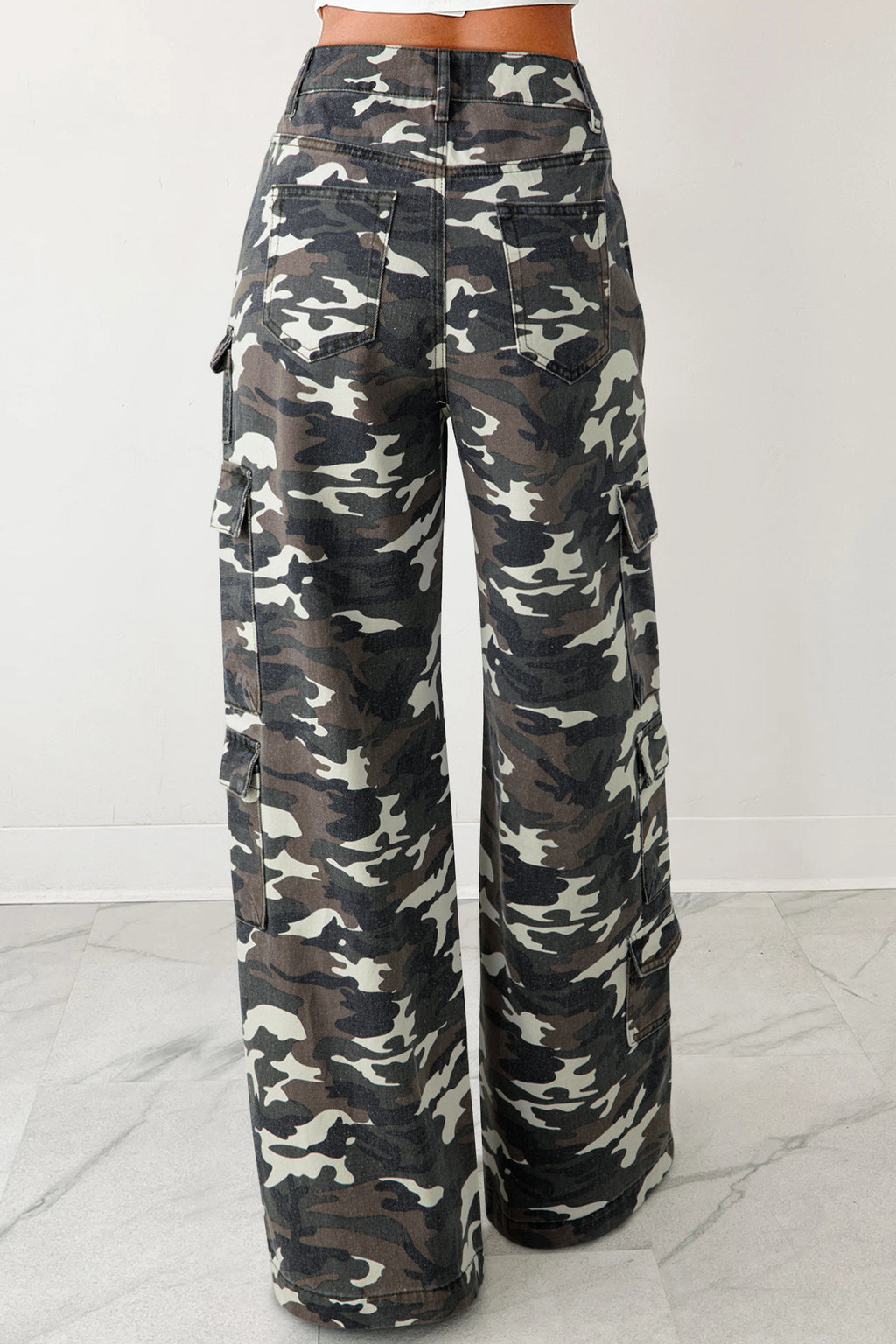 Green Camo Cargo Wide Leg Denim Pants