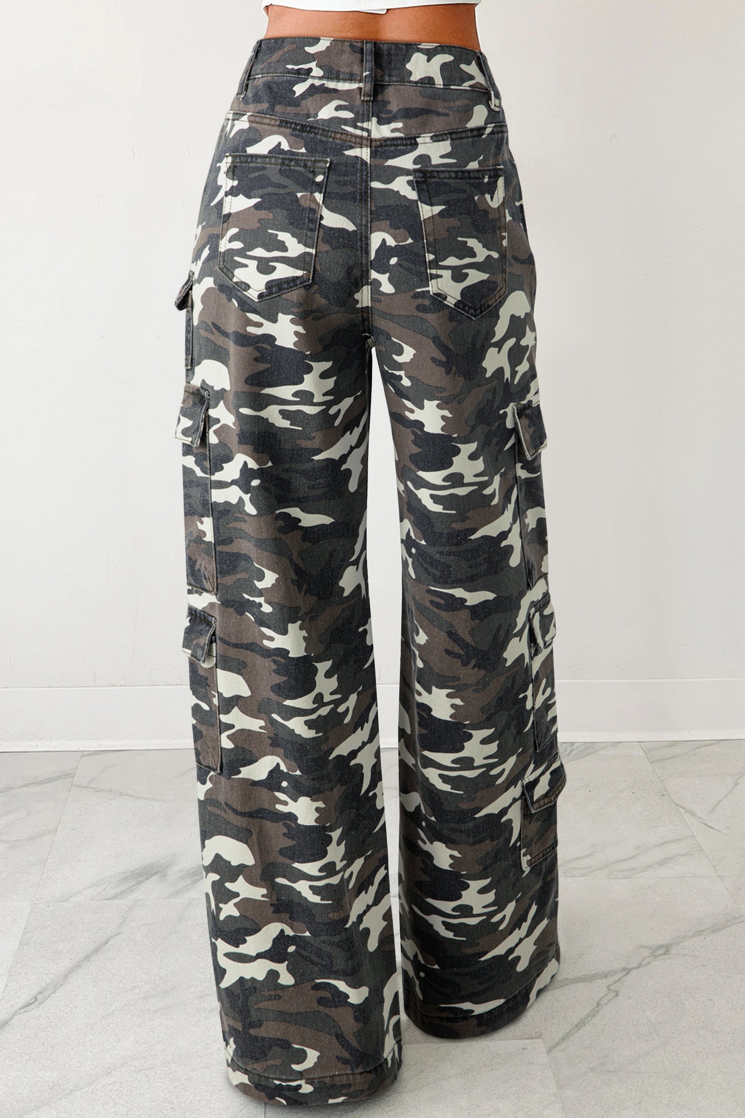 Green Camo Cargo Wide Leg Denim Pants