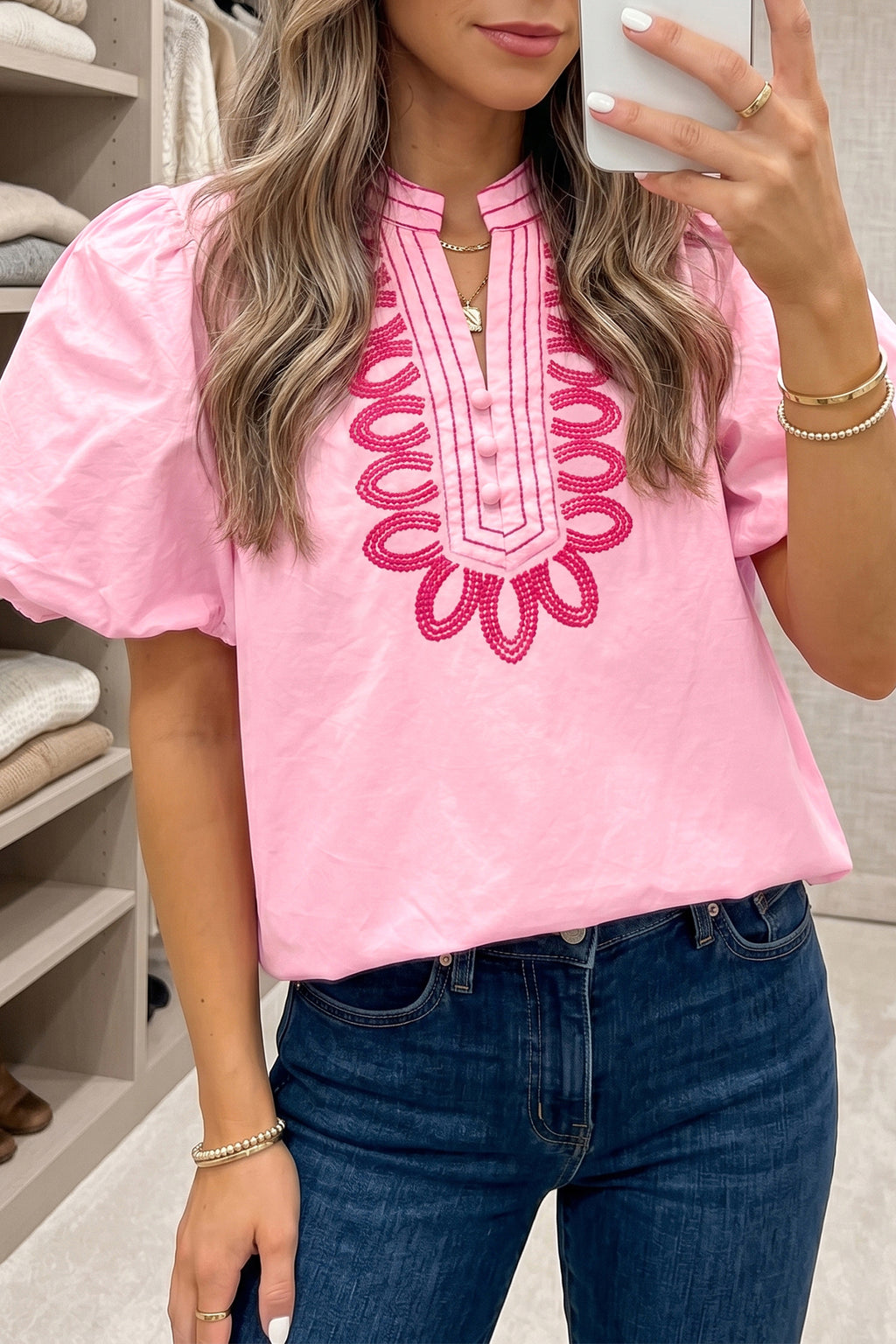 Pink Boho Embroidered Puff Sleeve Cotton Blouse | Sizes 8-22
