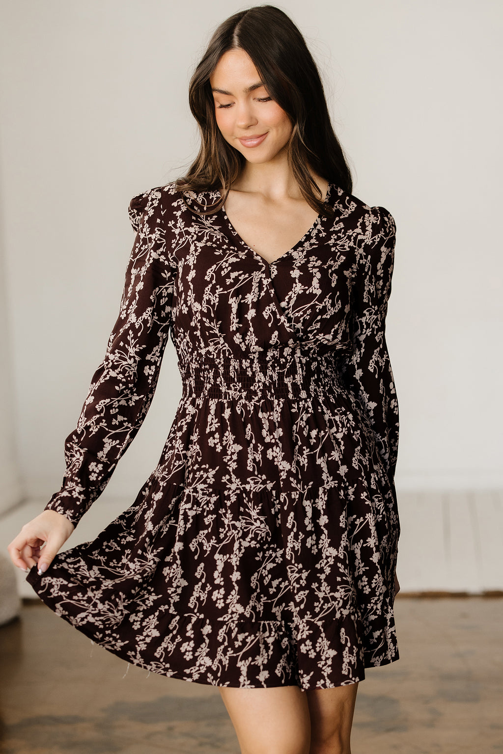 Brown Ditsy Floral Mini Dress Split Neck Long Sleeve Shirred Waist Flared Women S-XL