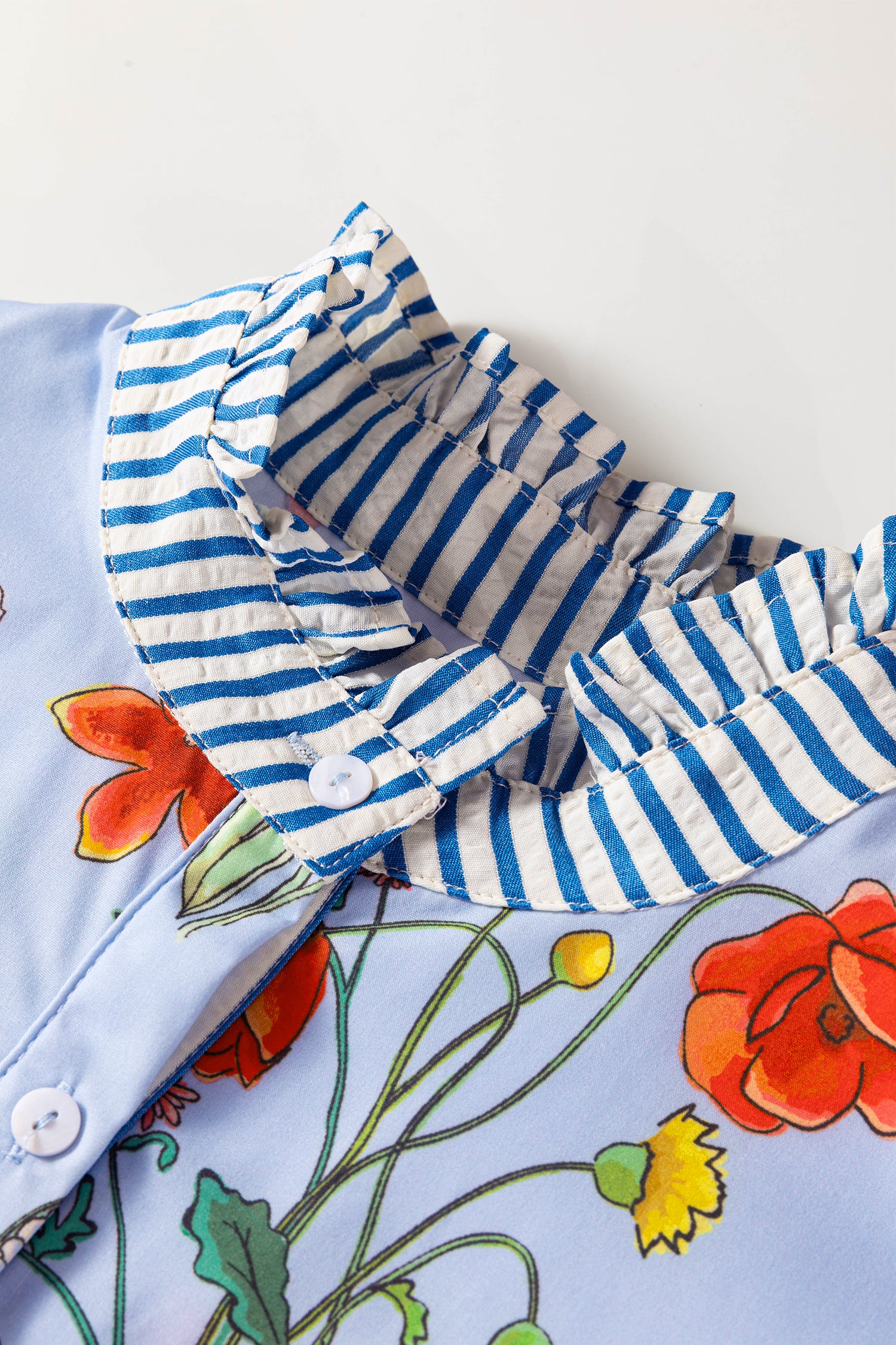 Floral Striped Ruffled Collar Shirt Short Sleeve Beige Sky Blue UK 8-22