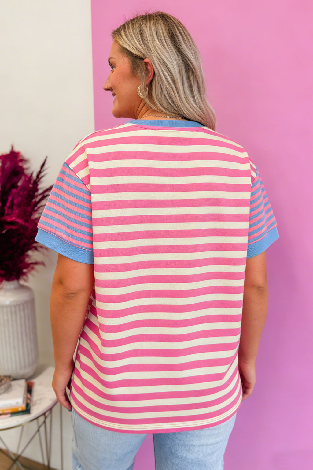 Pink Stripe Contrast Colourblock Short Sleeve Loose Tee
