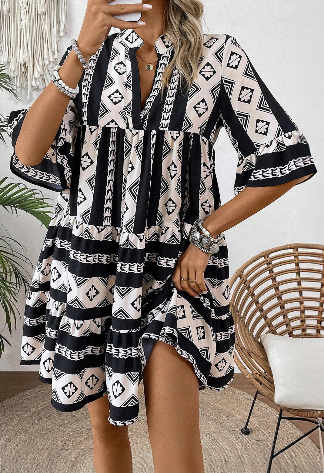 Black Geometric Print V-Neck Ruffle Sleeve Mini Dress | High Waist