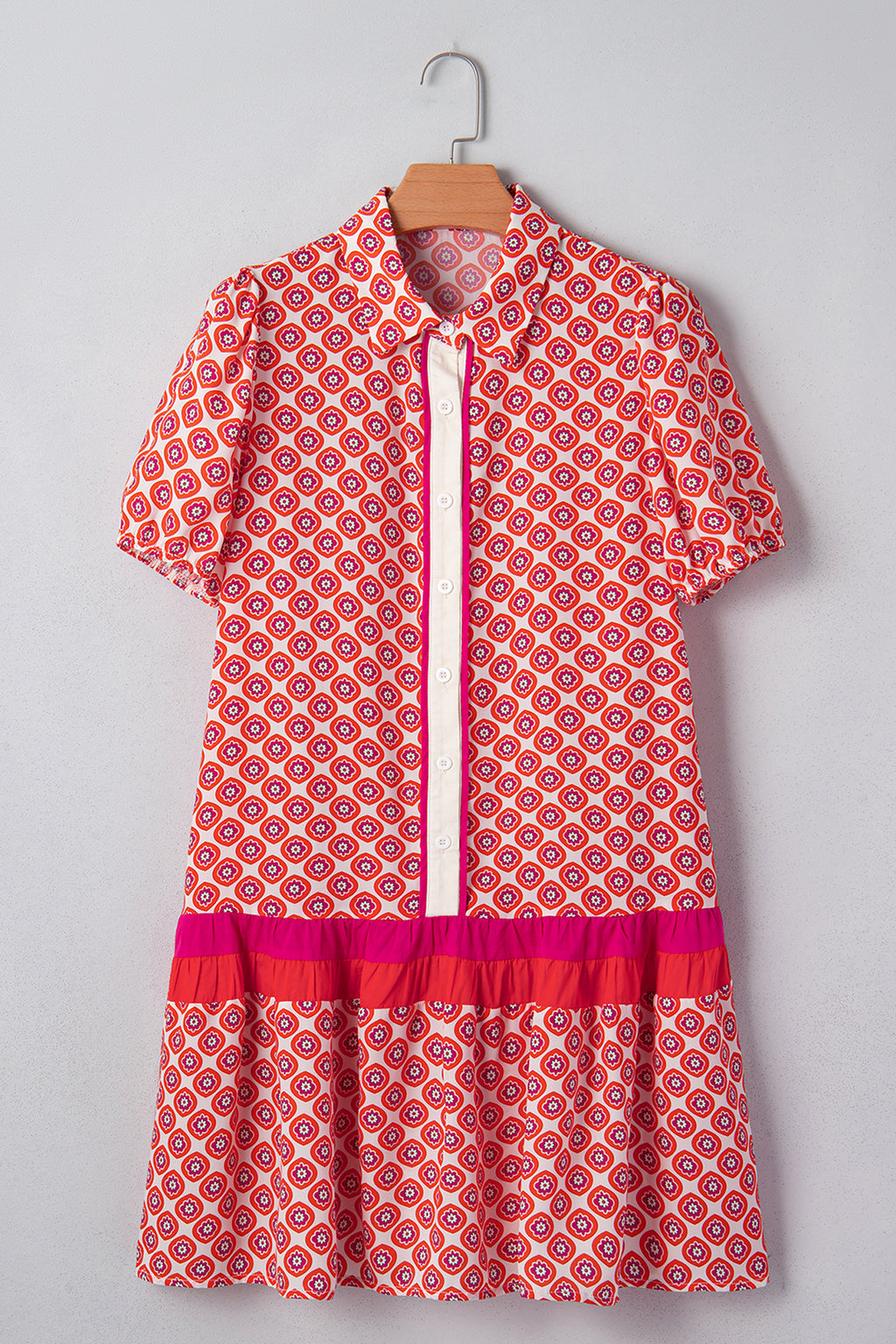 Orange Geometric Floral Colour Block Trim Button Front Ruffle Hem Dress S-XL