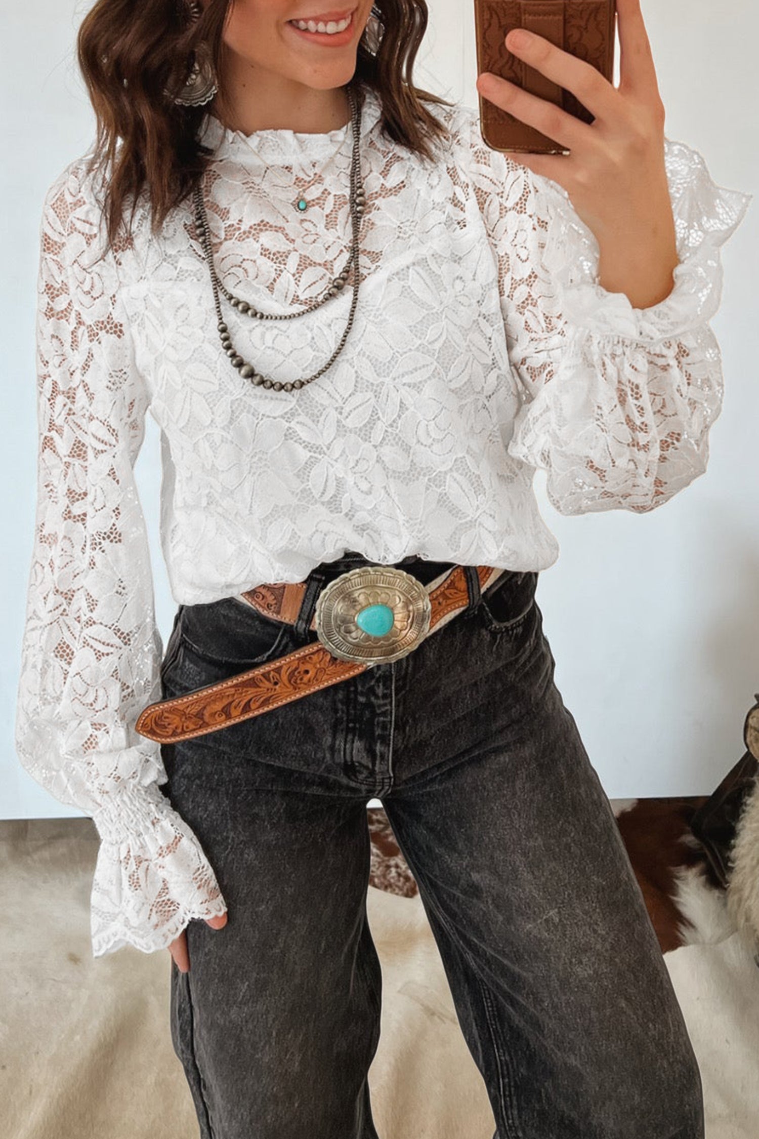 White Sheer Lace Blouse Ruffled Round Neck Long Flounce Sleeve Women S-XL