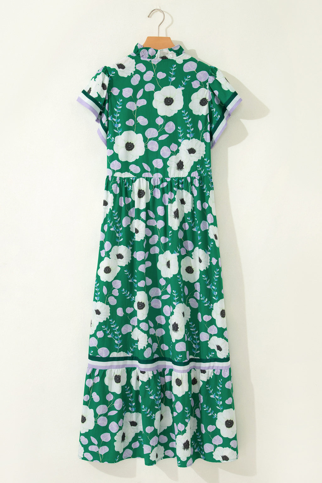 Green Floral Maxi Dress V Neck Ruffle Sleeve Women S-XL