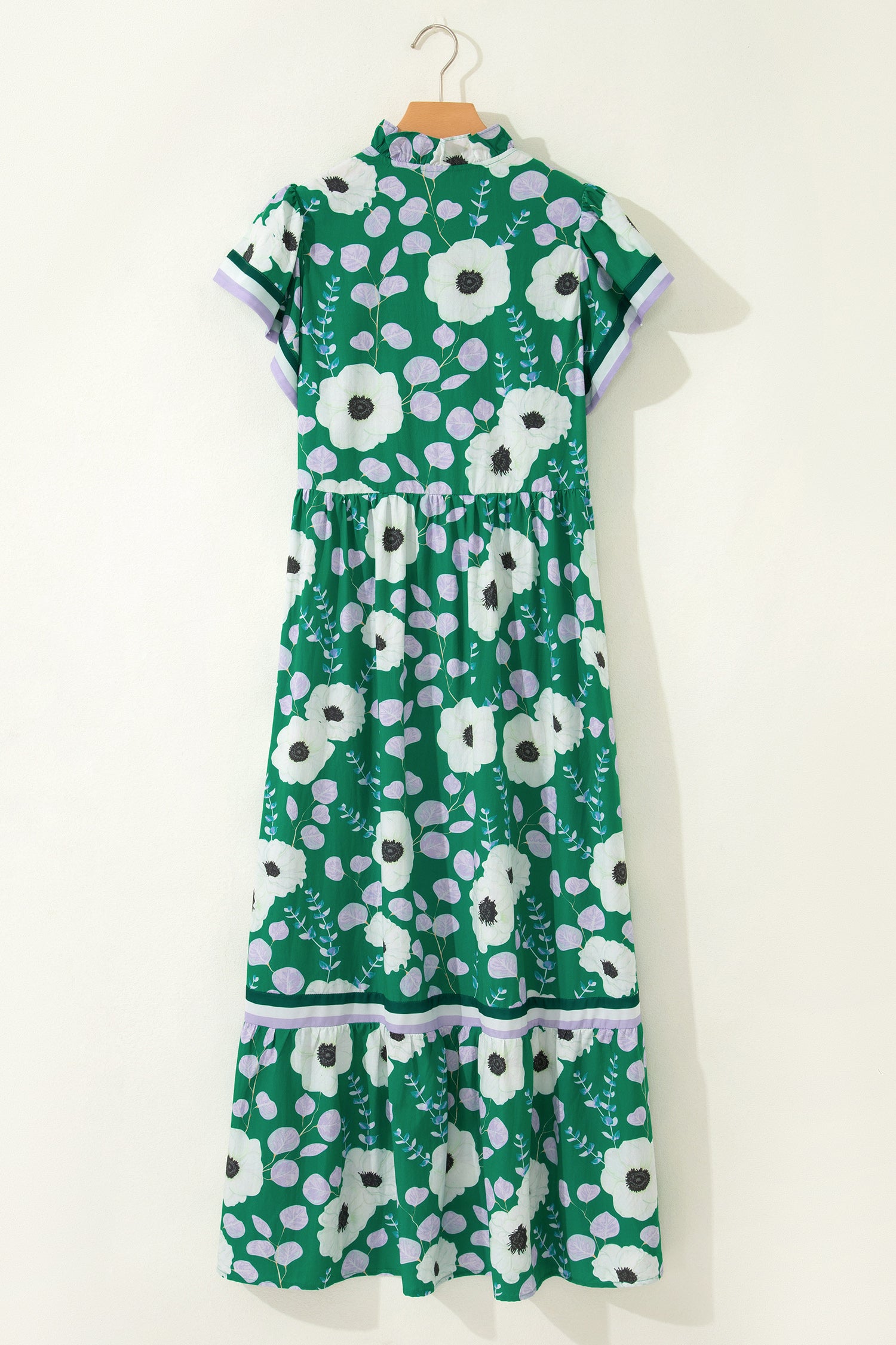Green Floral Maxi Dress V Neck Ruffle Sleeve Women S-XL