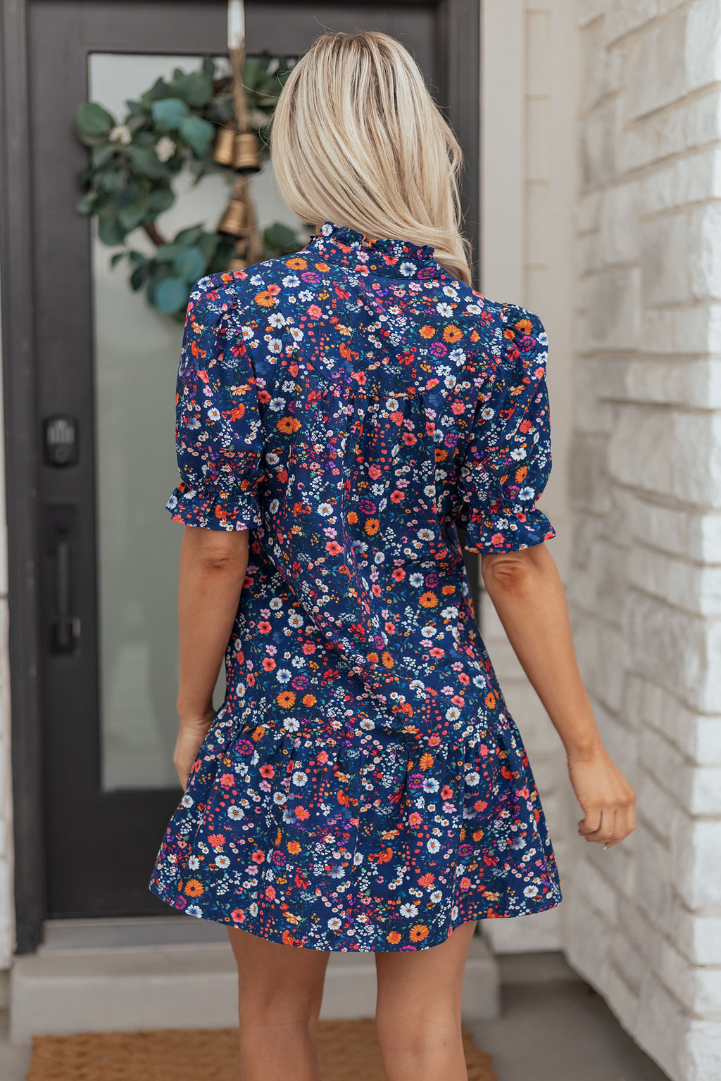 Blue Wild Daisy Floral Split Neck Puff Sleeve Mini Dress S-XL