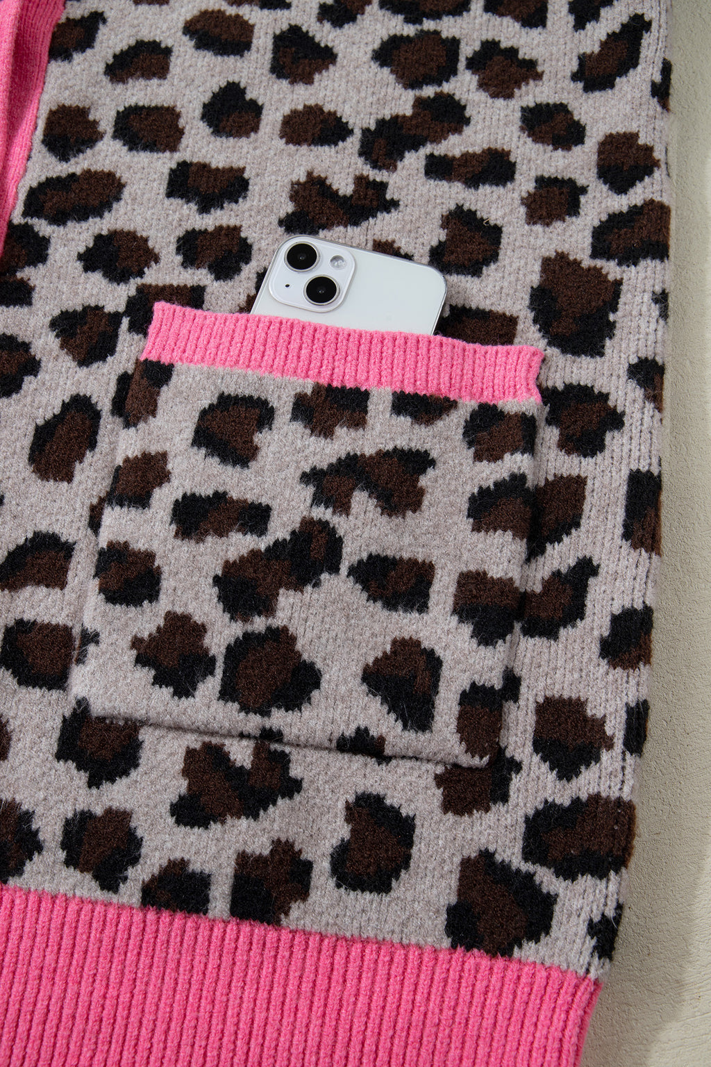 Khaki Leopard Print Colourblock Trim Button Down Oversized Cardigan