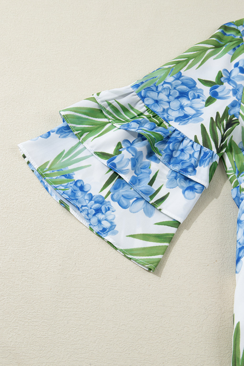 Sky Blue Palm Floral Print Contrast Ribbon Knot Ruffle Sleeve Mini Dress | UK 8–22