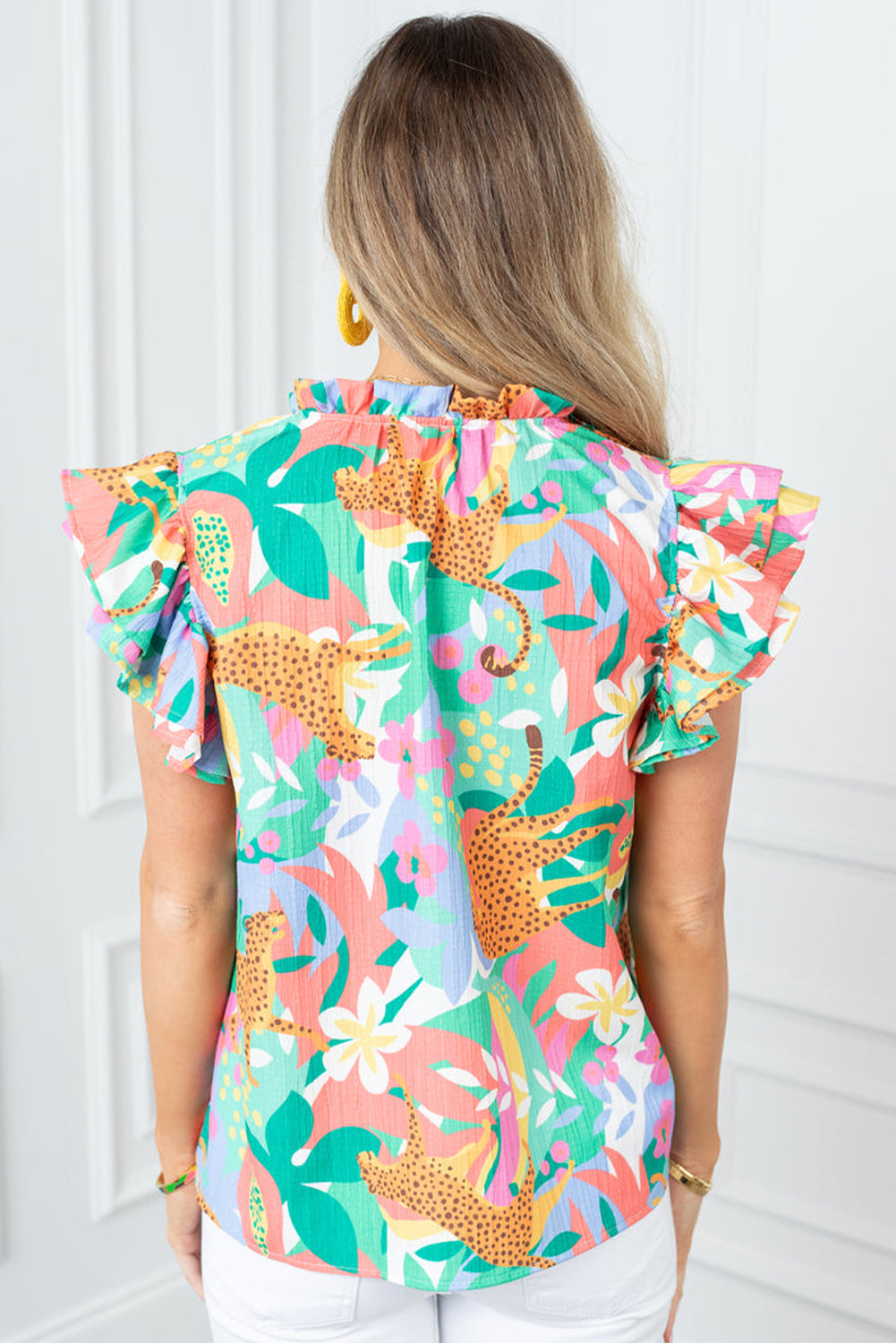 Green Floral Blouse Frilly Ruffle Tie Split Neck Flutter Sleeve Women S-2XL