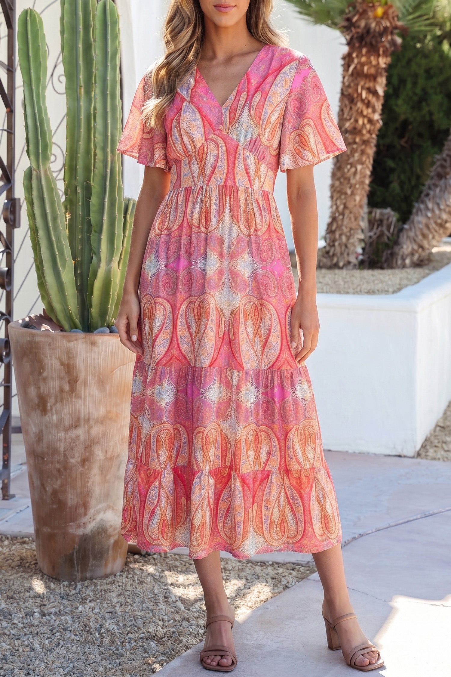 Multicolour Paisley Print V-Neck Flutter Sleeve Boho Maxi Dress