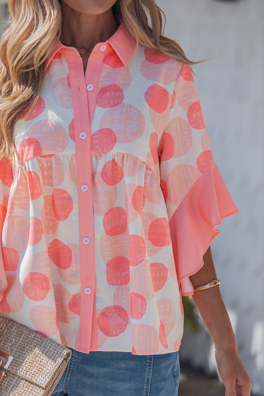 Shop Pink Polka Dot Babydoll Shirt Ruffle Trim Short Sleeve S-XL at LivelyLooks