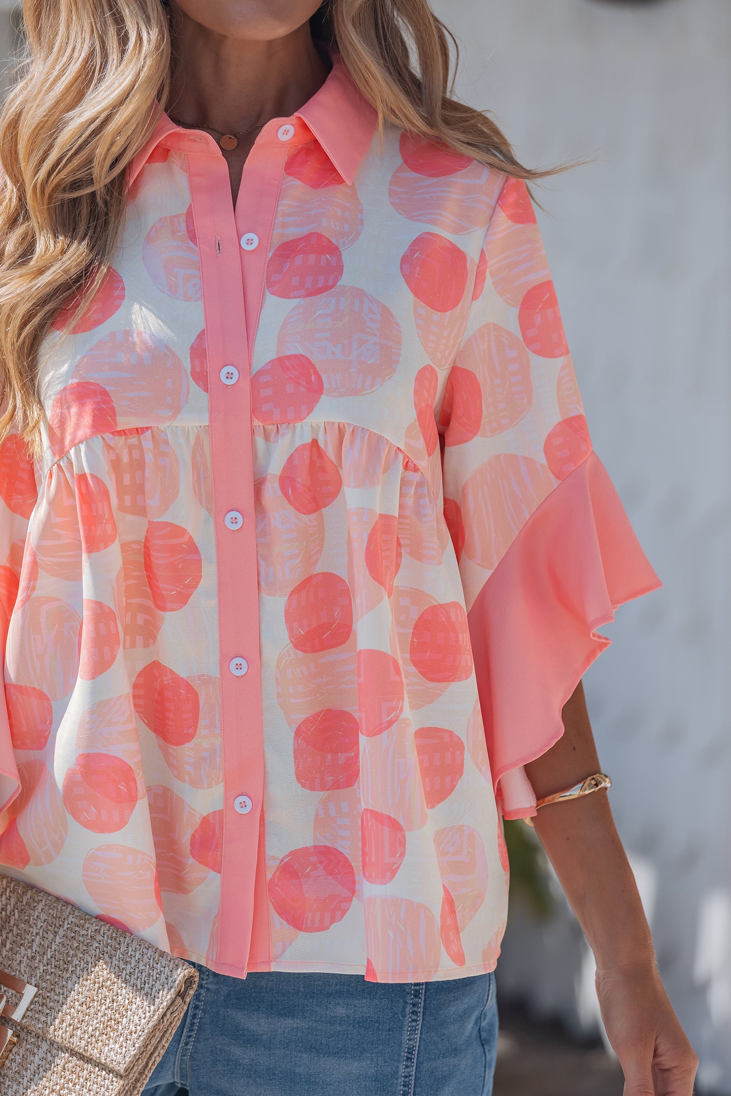 Shop Pink Polka Dot Babydoll Shirt Ruffle Trim Short Sleeve S-XL at LivelyLooks