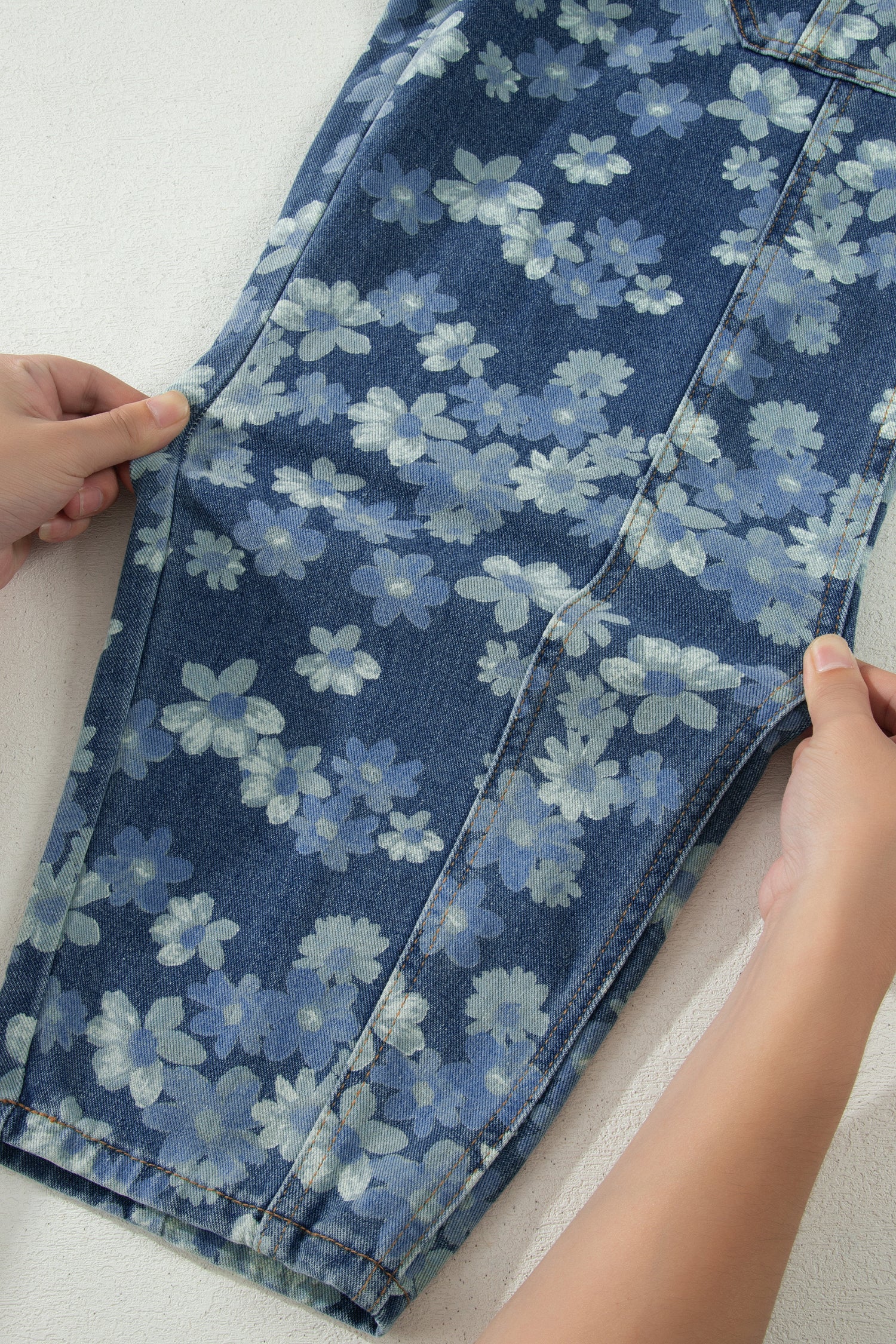 Women's Sky Blue Dainty Floral Print Drawstring Barrel Jeans Sz 4–16 at LivelyLooks