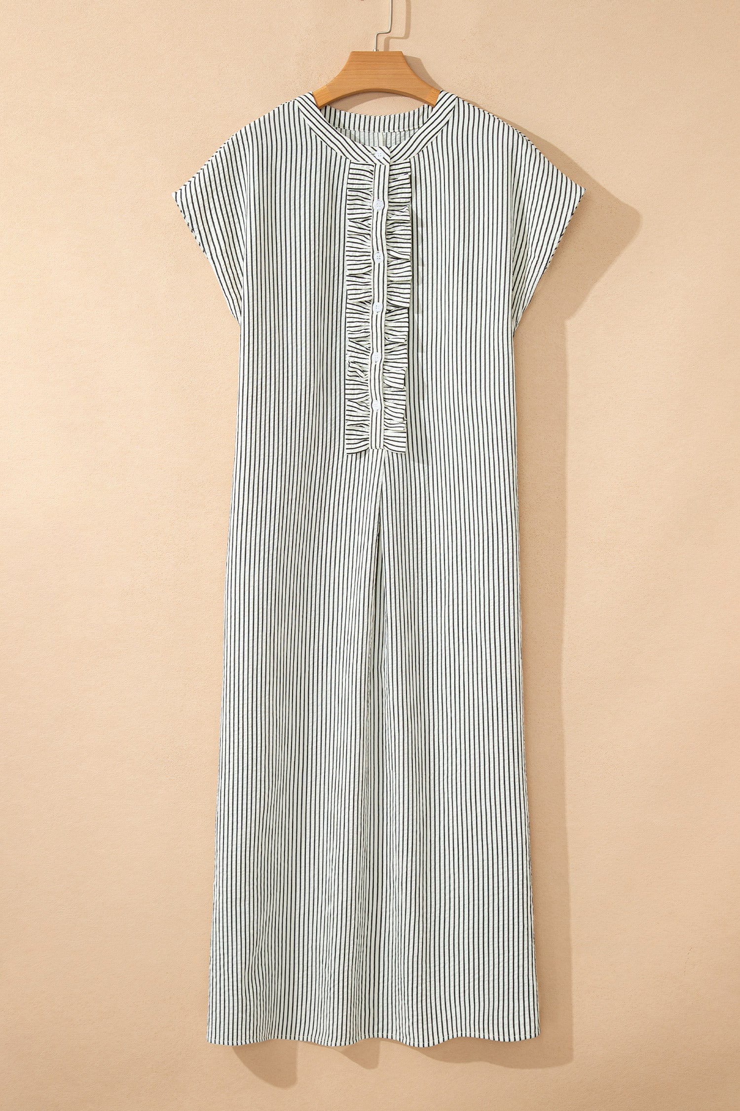 Black & Red Stripe Frilled Half Button Short Sleeve Maxi Dress