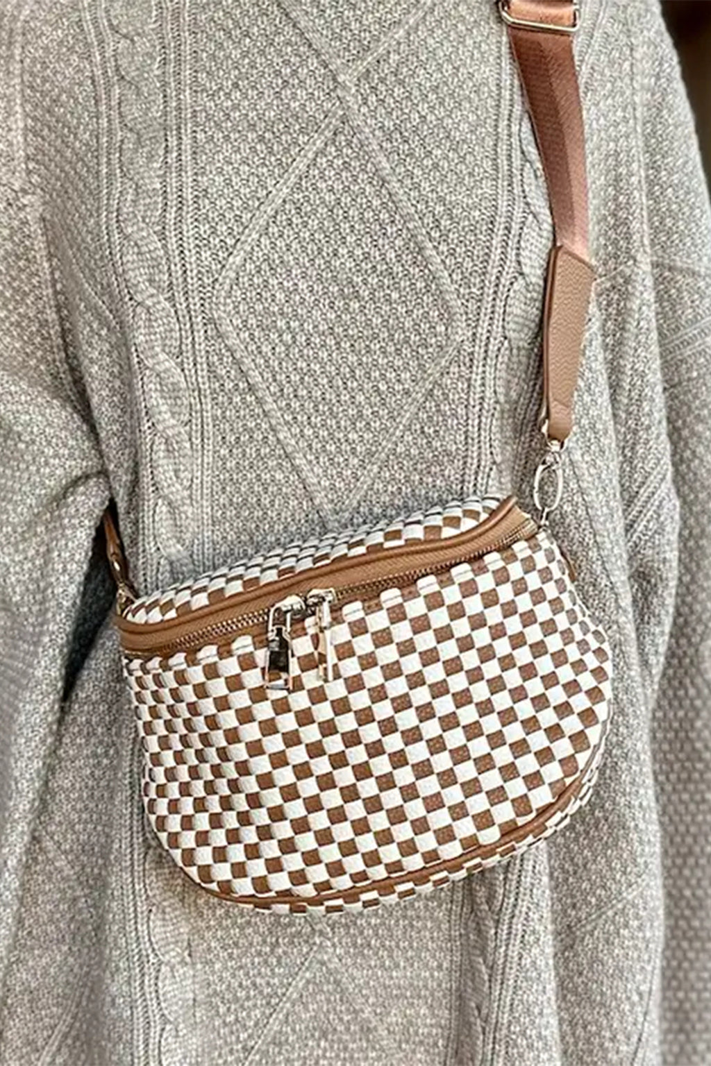Women's Checkerboard Woven Zip Crossbody Bag at LivelyLooks