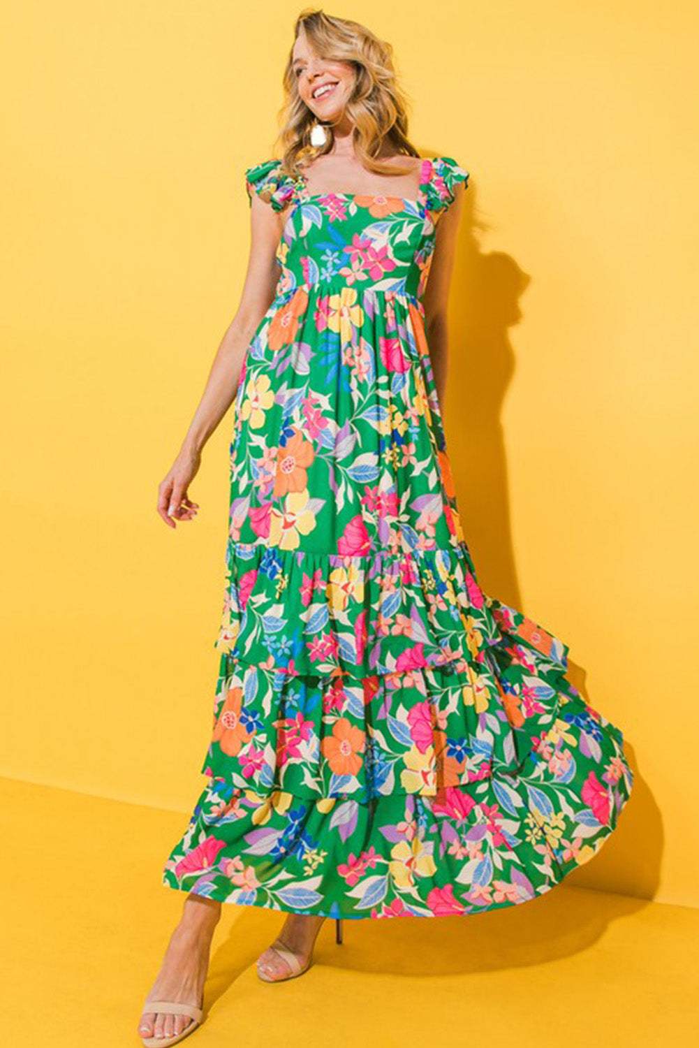 Women's Green Floral Print Sleeveless Ruffle Tiered Maxi Dress at LivelyLooks