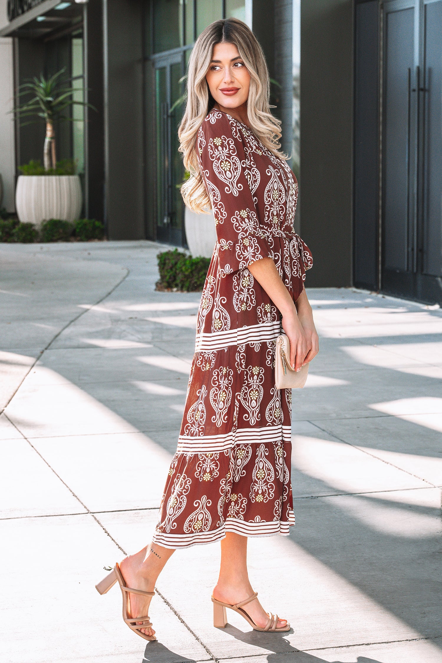 Brown Floral Print Belted Striped Trim Tiered Maxi Dress | Boho Summer