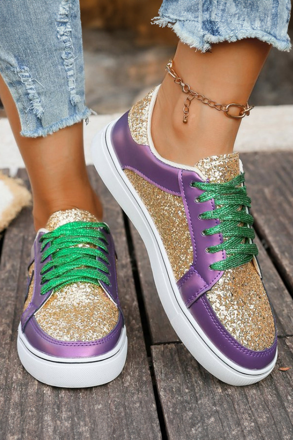 Women's Glitter Star Patchwork PU Leather Lace-Up Sneakers | Purple & Gold at LivelyLooks