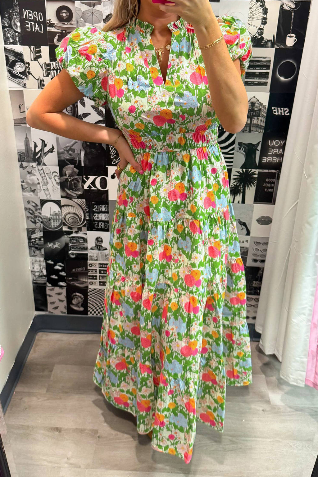 Women's Green Floral Print V-Neck Puff Sleeve Cotton Maxi Dress at LivelyLooks