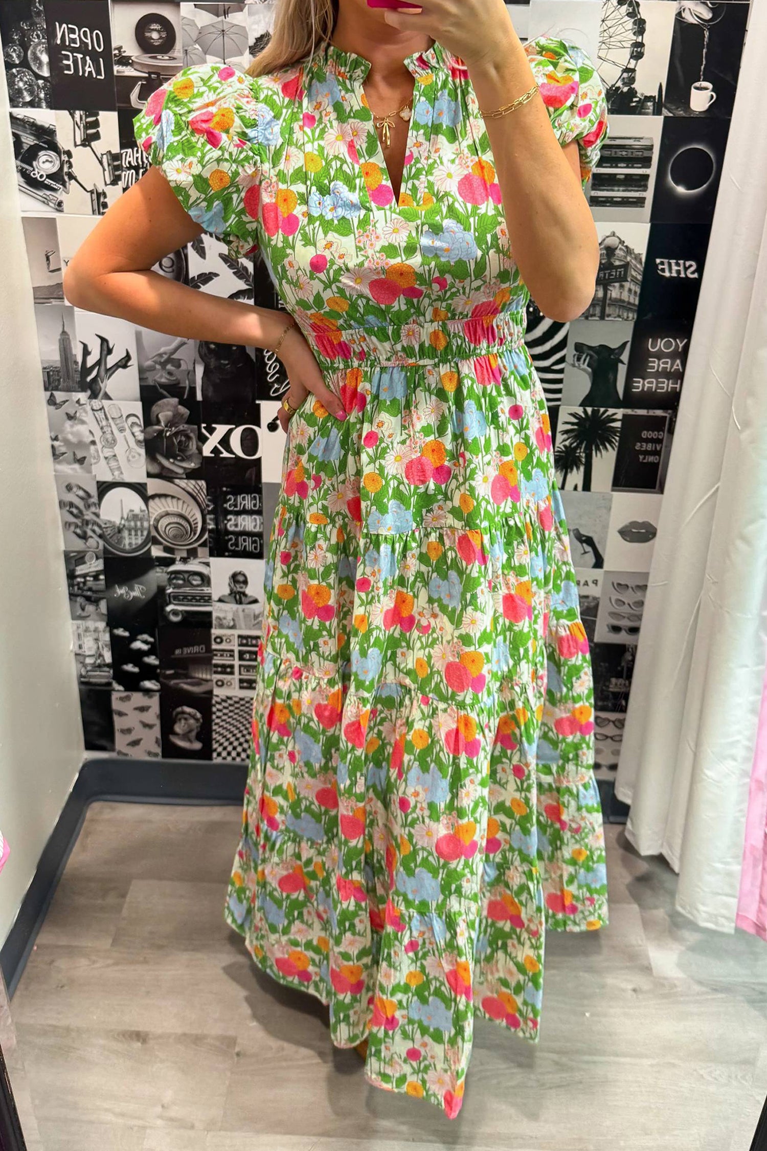 Women's Green Floral Print V-Neck Puff Sleeve Cotton Maxi Dress at LivelyLooks