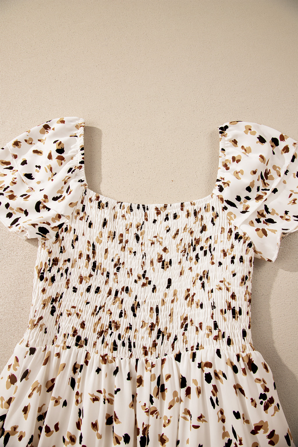 Women's Beige Ditsy Floral Smocked Square Neck Ruffle Sleeve Midi Dress S-XL at LivelyLooks