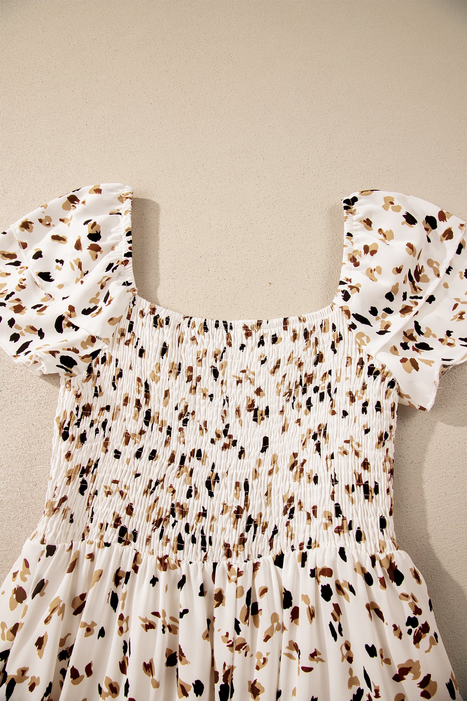 Women's Beige Ditsy Floral Smocked Square Neck Ruffle Sleeve Midi Dress S-XL at LivelyLooks